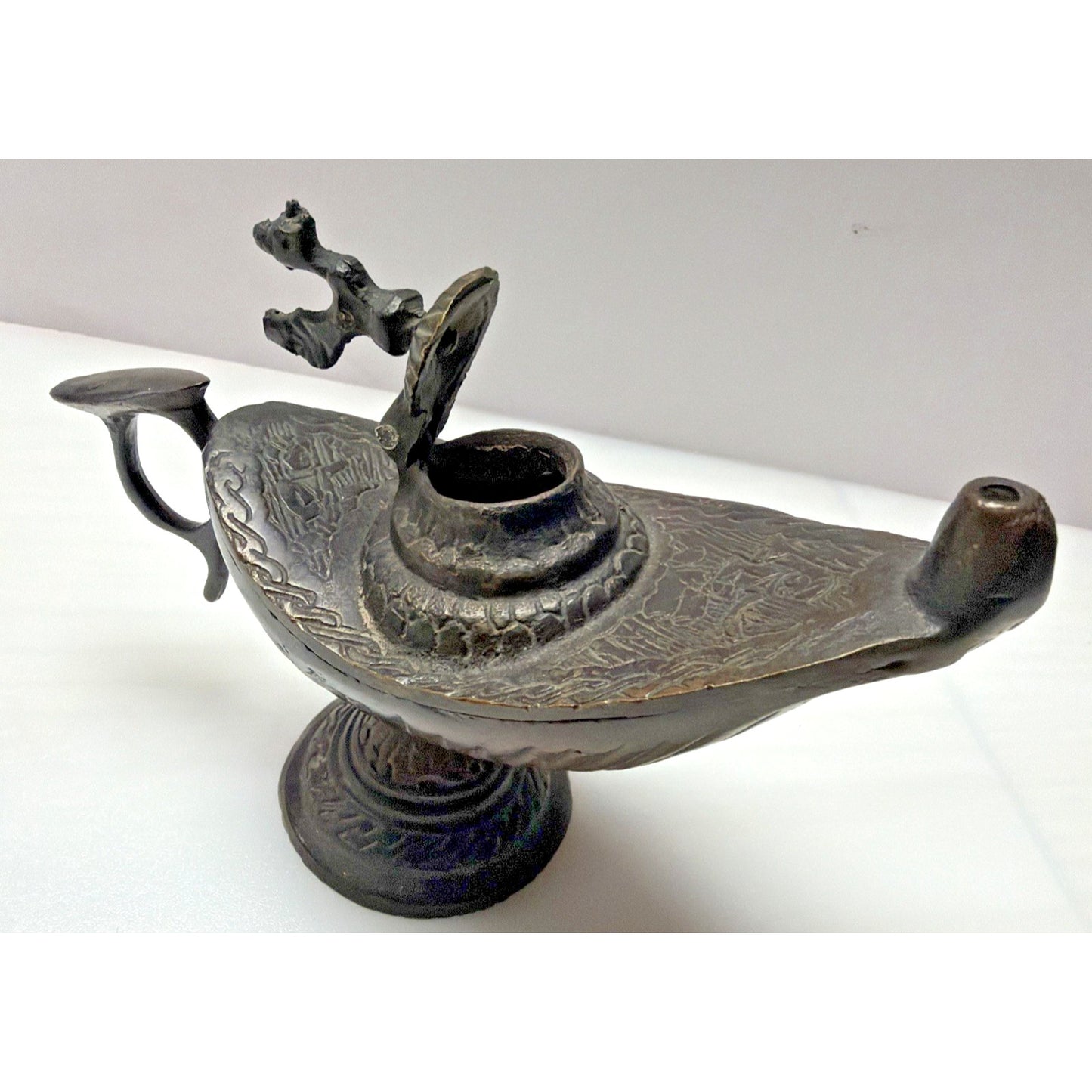 Old Bronze Brass Peacock Bird Engraved Aladdin Lamp Oil Handle As Is Read