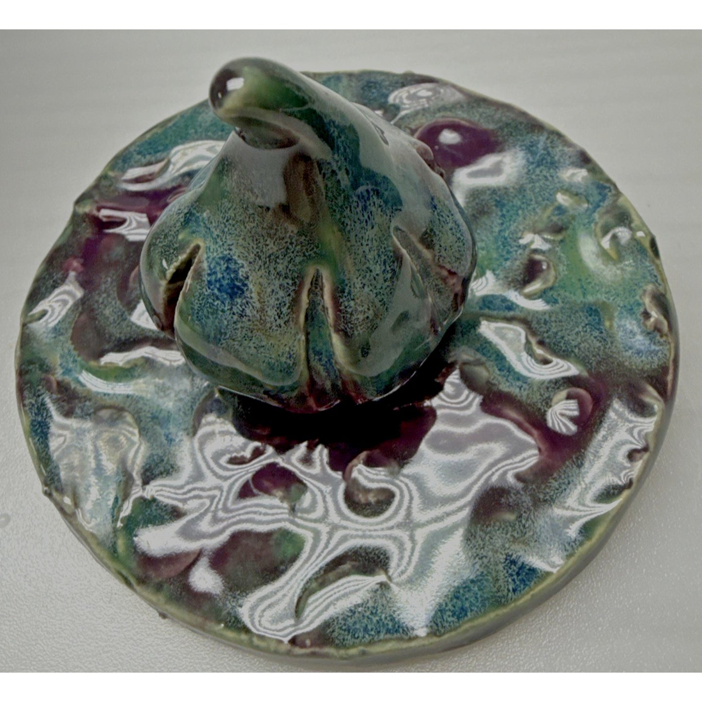 Studio Art Pottery Garlic Keeper Jar Canister Figural Lid Drip Glaze Signed