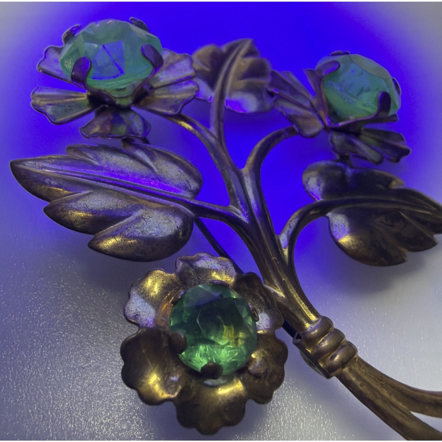 Vintage Large Gold Tone Floral Sprig Spray Brooch Pin Green Rhinestones