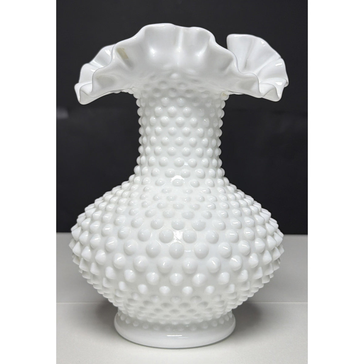 Vintage Fenton Milk Glass Vase Hobnail Ruffled Crimped Rim