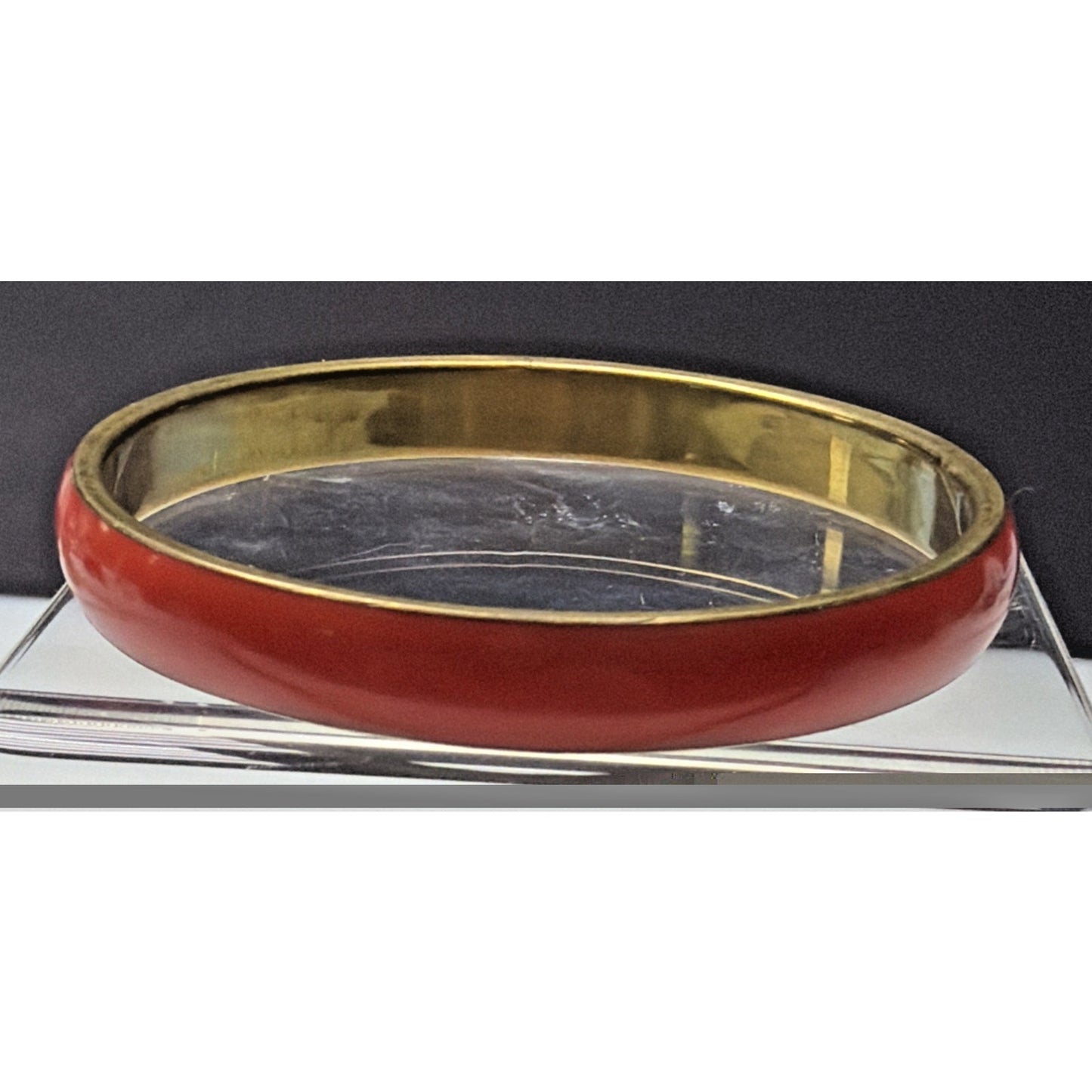 Vintage Gold Tone Metal Brass Bangle Bracelet Orange Red Celluloid Lucite