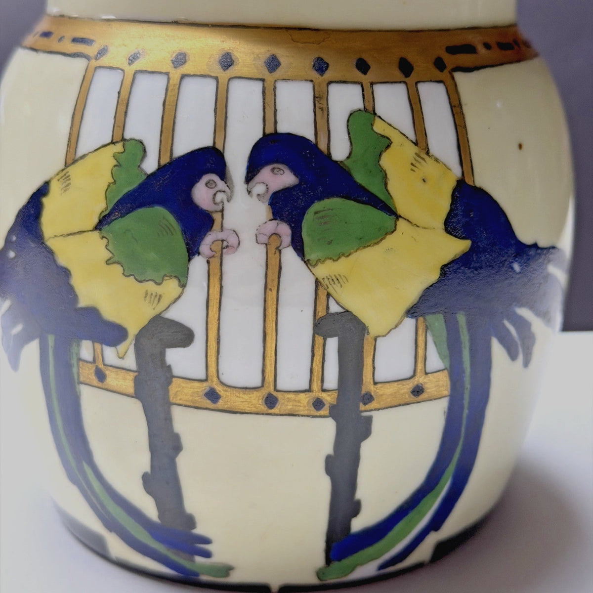 Antique Imperial Austria Hand Painted Parrot Jar Canister Humidor Lid As Is