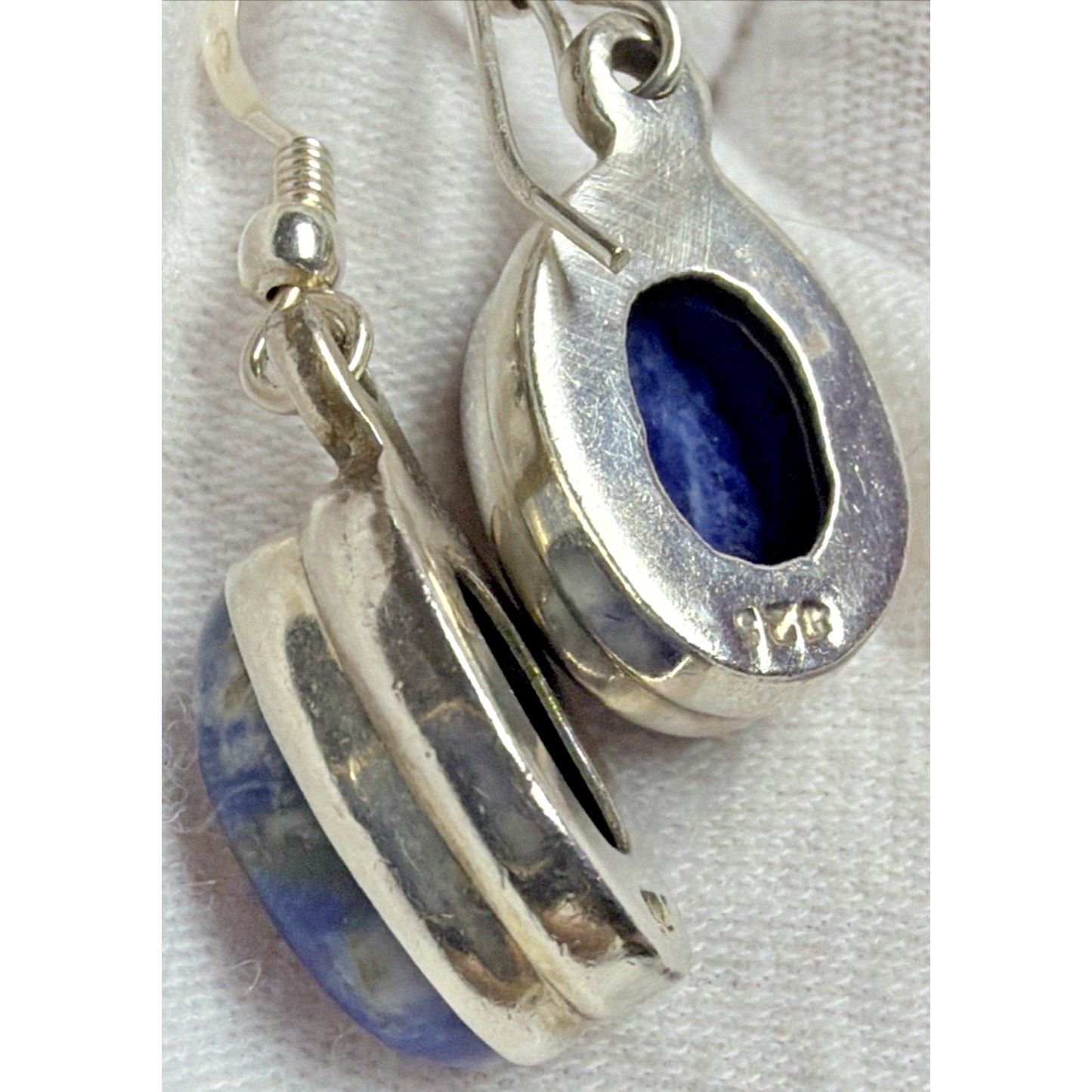 Vintage Sterling Silver Oval Sodalite Cabochon Dangle Drop Earrings Hook 6.13g