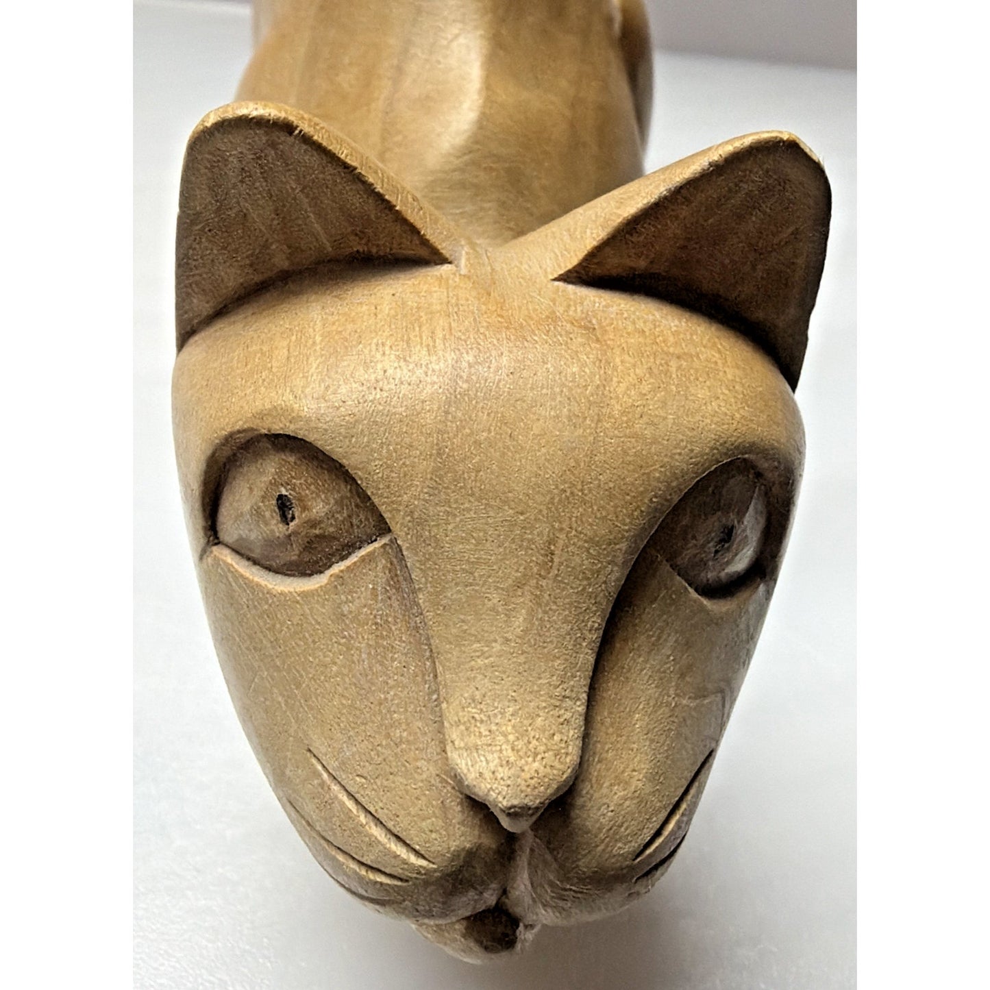 Folk Art Whimsey Hand Carved Solid Wood Cat Figurine Crouched Statue