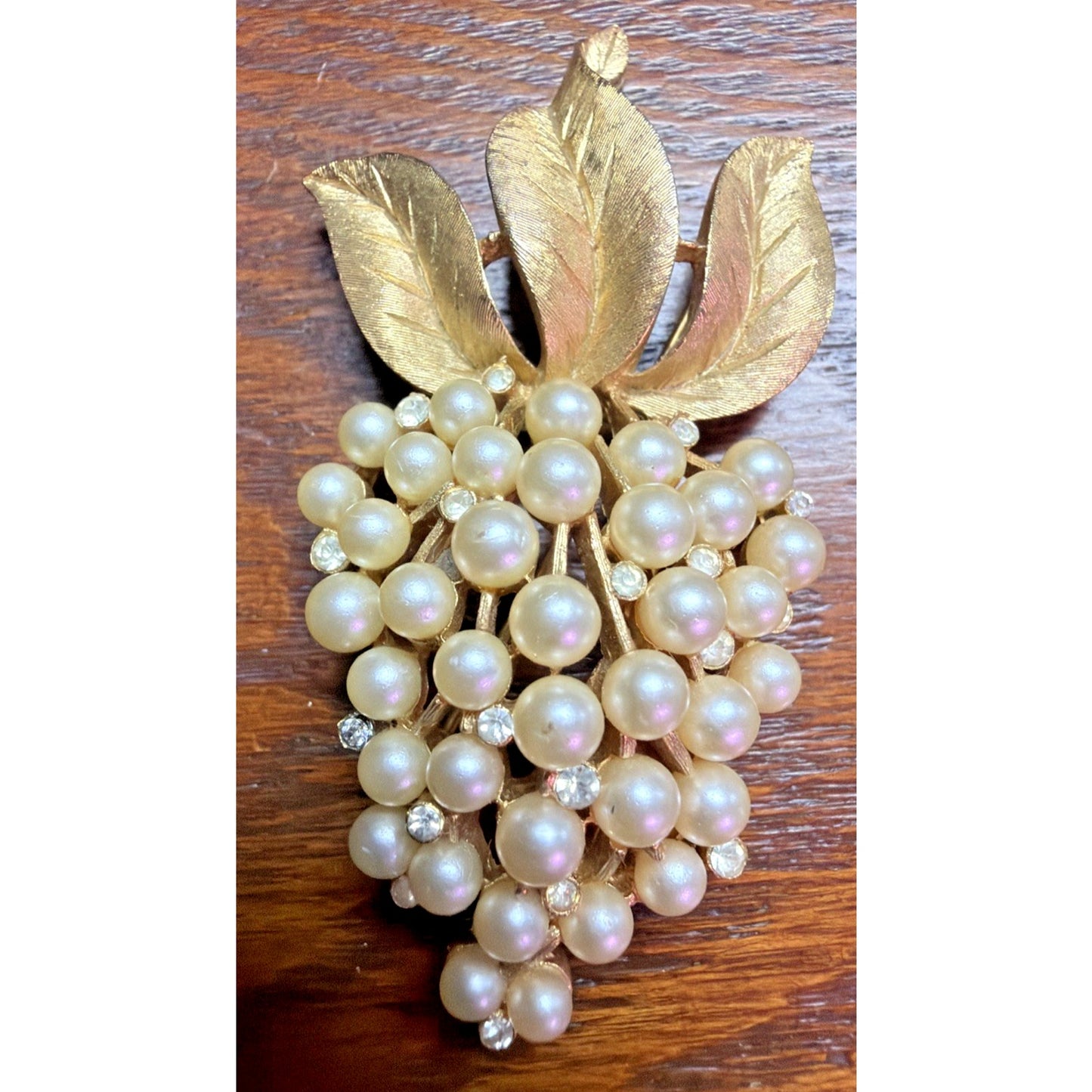 Vintage Crown Trifari Faux Pearl Rhinestone Grape Cluster Brooch Pin Gold Tone