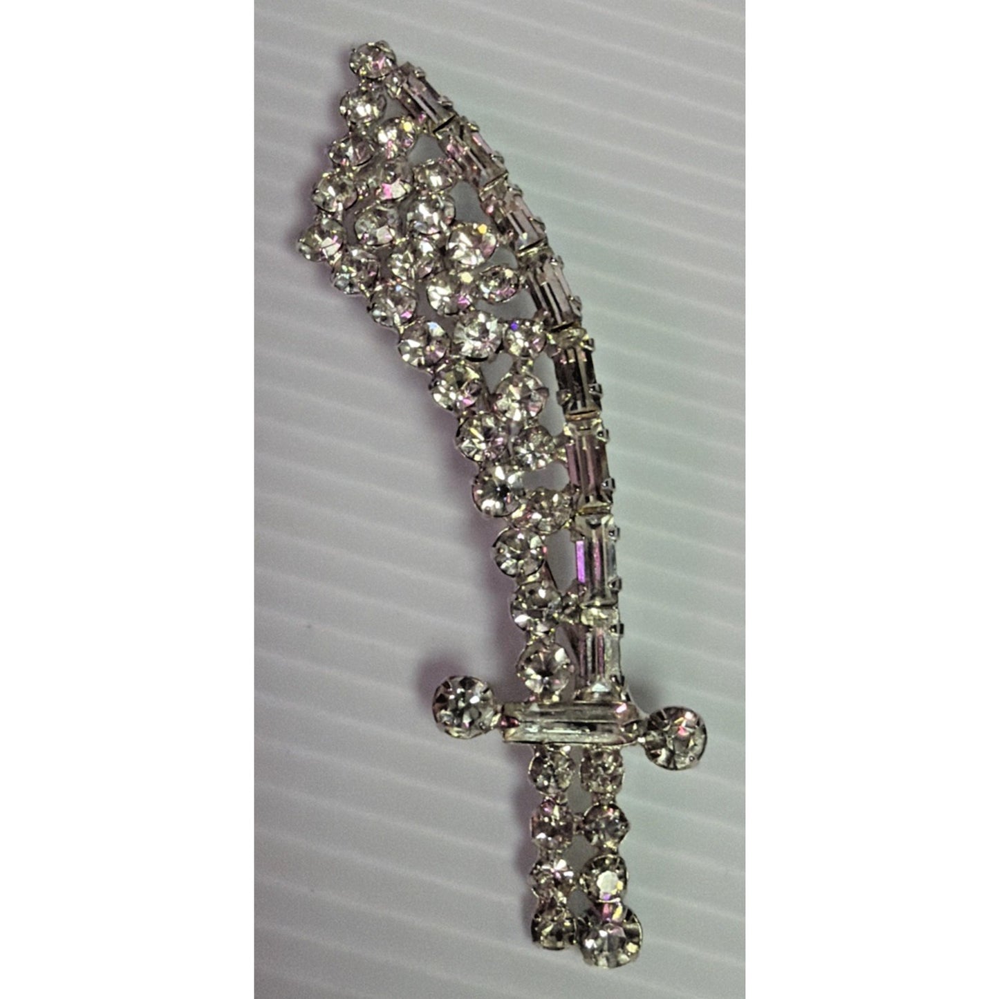 Vintage Sword Pin Brooch Dagger Crystal Rhinestones Baguette Silver