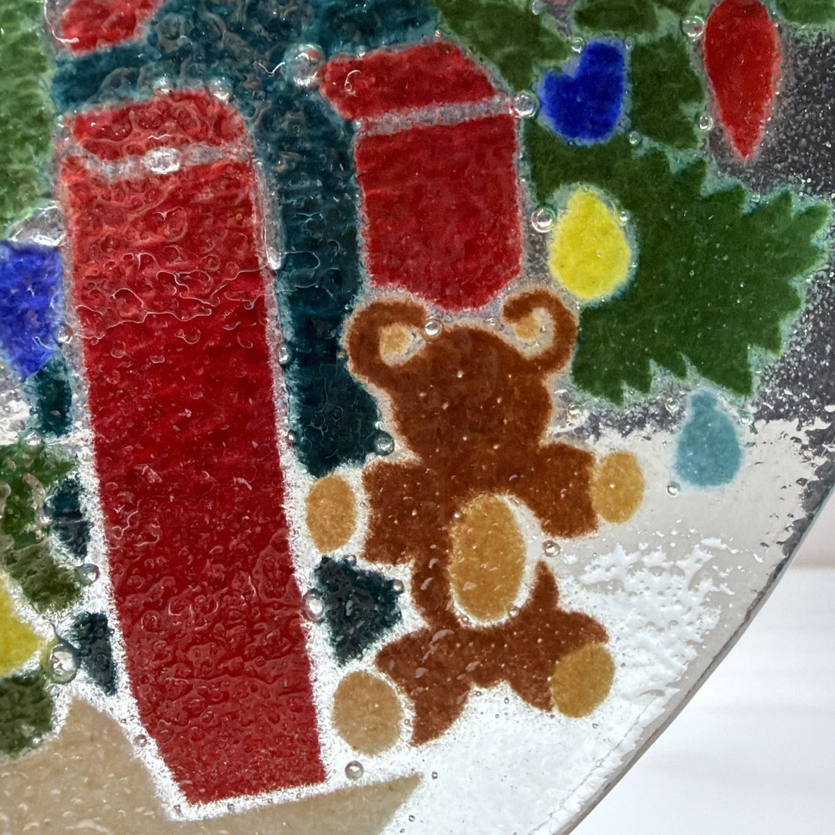 Vintage Peggy Karr Fused Glass Christmas Tree Toy Train Platter Teddy Bear