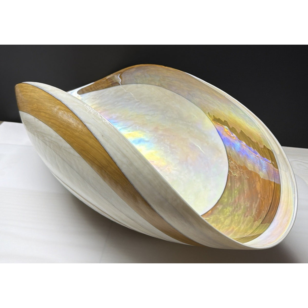 Yalo Murano Vetro Art Glass Bowl Folded Iridescent Ivory Gold Swirl 21"