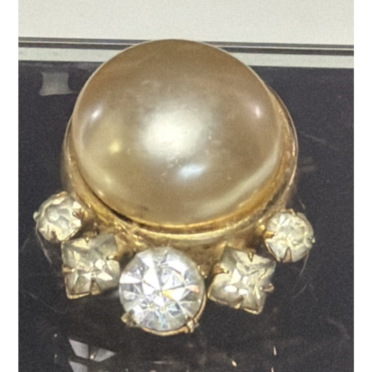 Vtg Coro Faux Pearl Button Cabochon Pin Clear Rhinestone Waterfall Pin Brooch