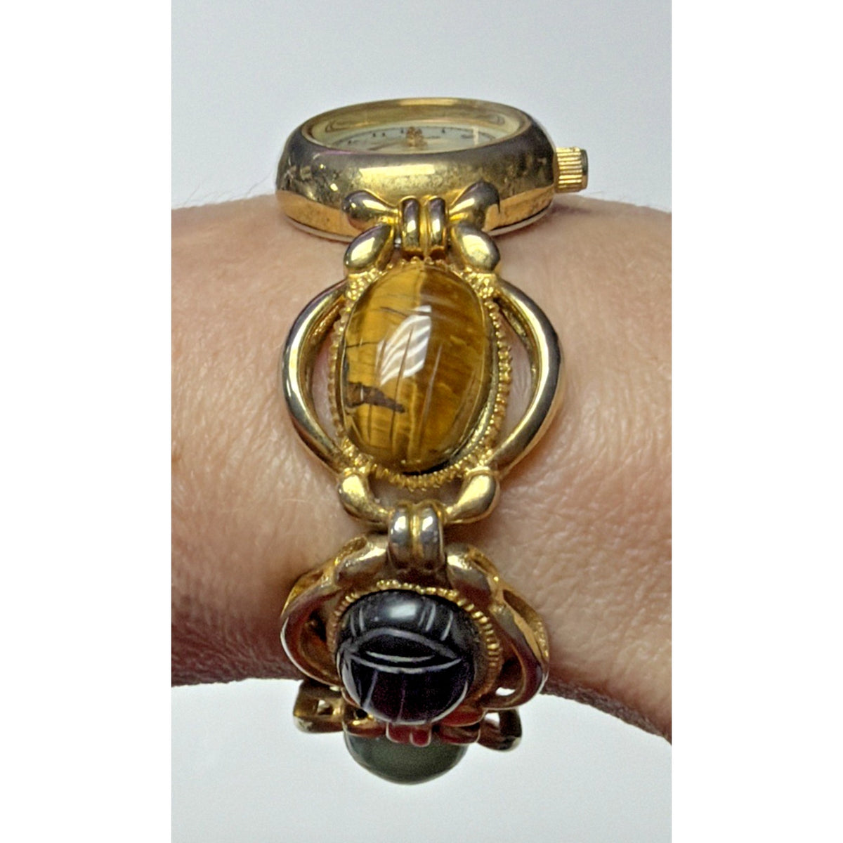 Vtg Lafayette Scarab Beetle Watch Bracelet Ladies MOP 22mm Sz 6.5