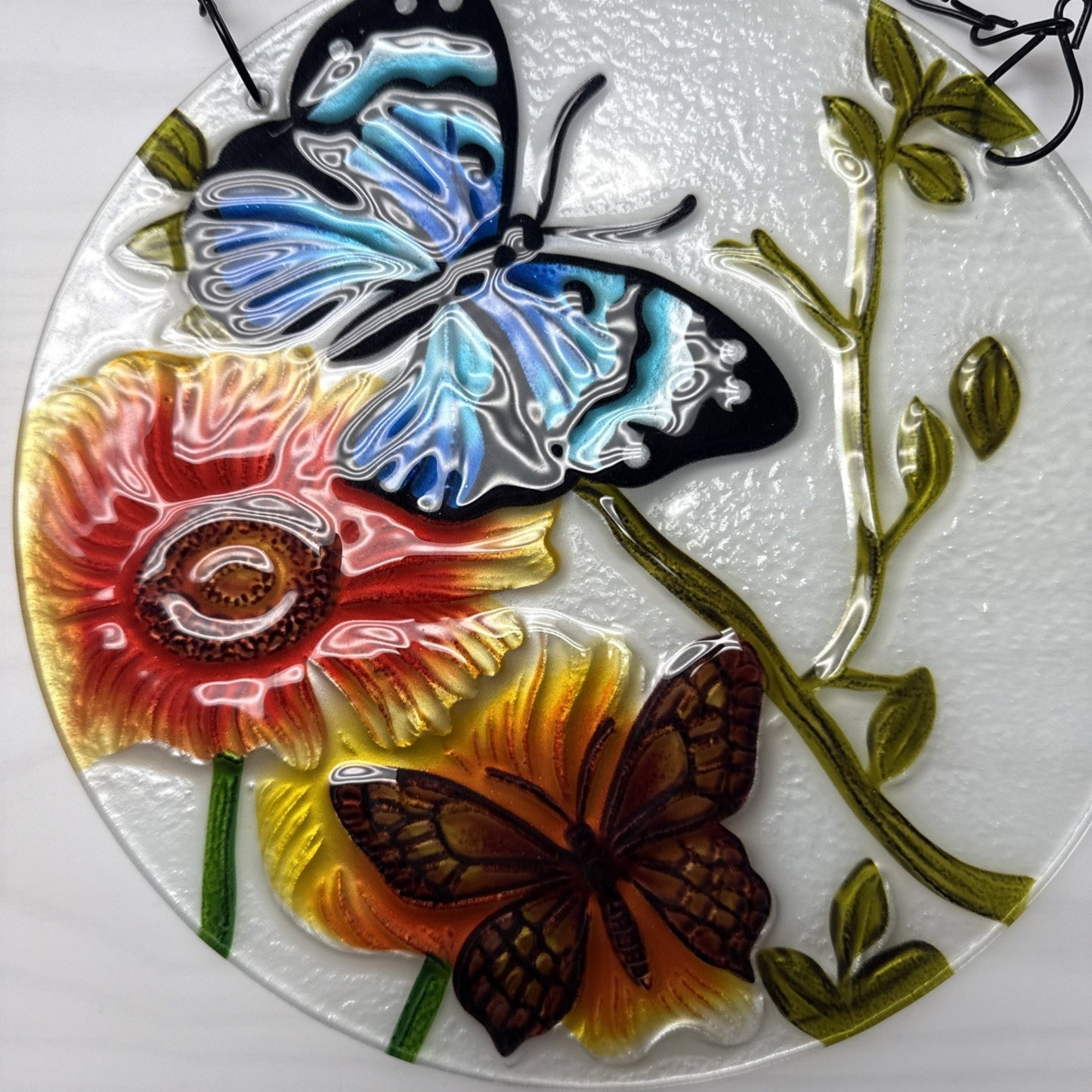 Stained Glass Painted Butterfly Sunflower Suncatcher Rimless Hanging Glass