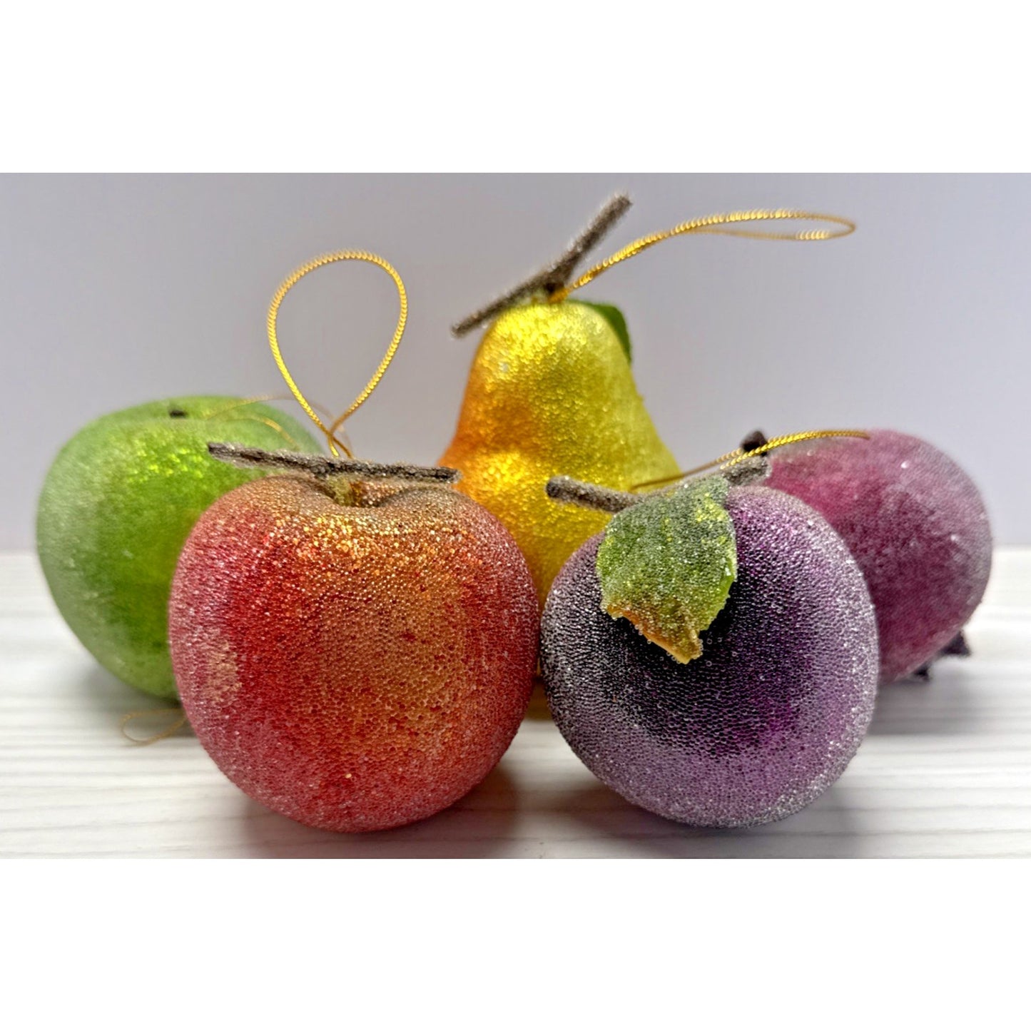 Vintage Lot of 5 Beaded Sugar Frosted Faux Fruit Christmas Ornaments