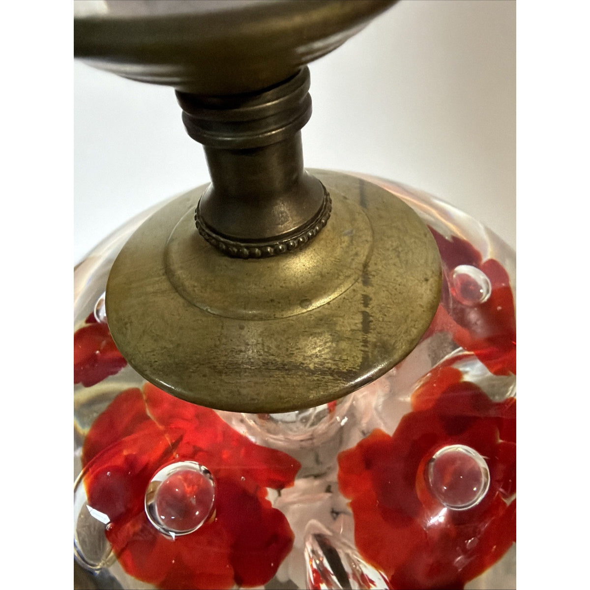 Vtg Clair Joe Rice Art Glass Red Trumpet Flower Lamp Paperweight Ornate L&L WMC