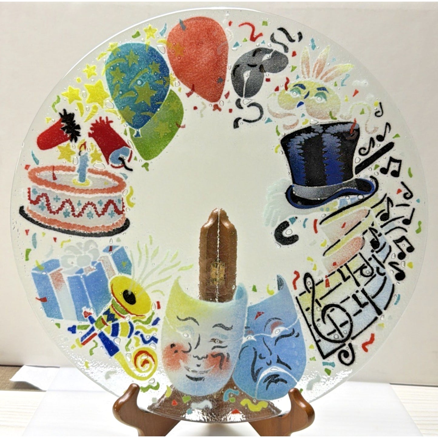 Peggy Karr Fused Art Glass Platter Celebration Comedy Tragedy Masks 14"