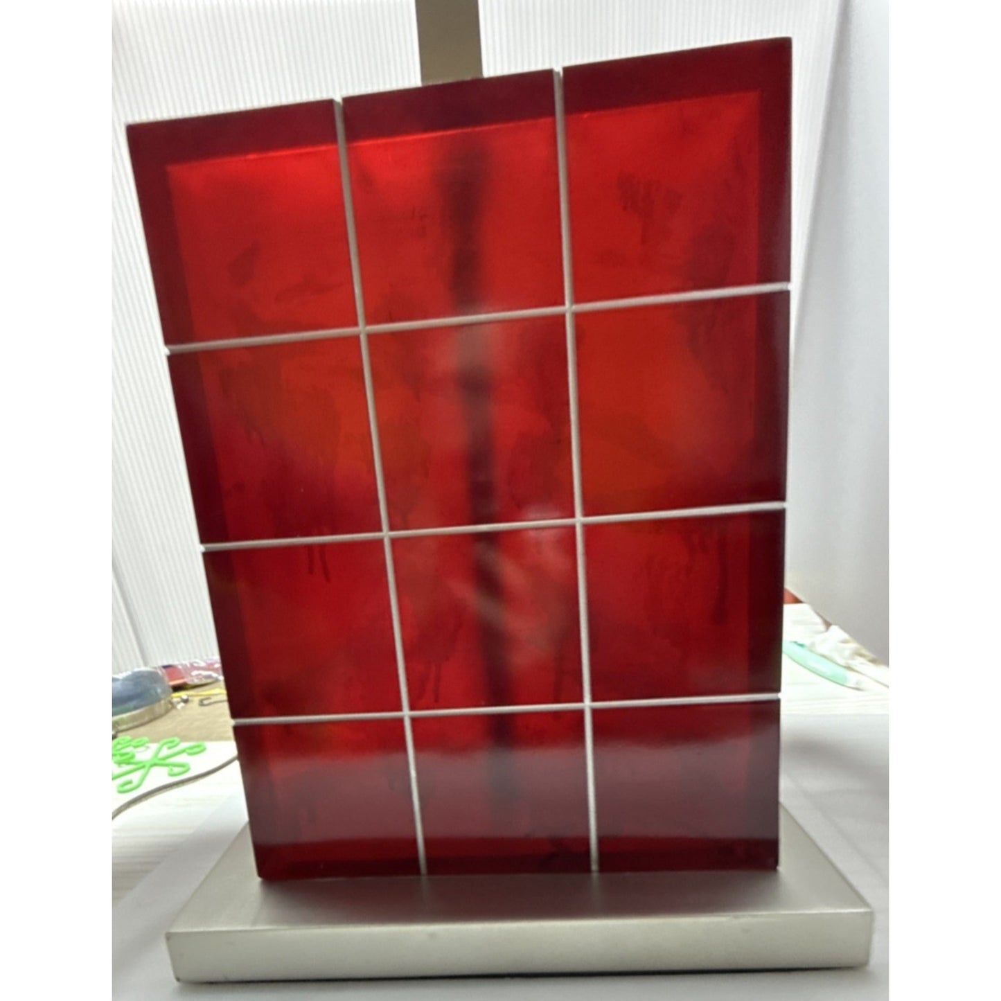 Vintage Modern Geometric Red Lucite Block Acrylic Stacked Lamp Metal Base As Is