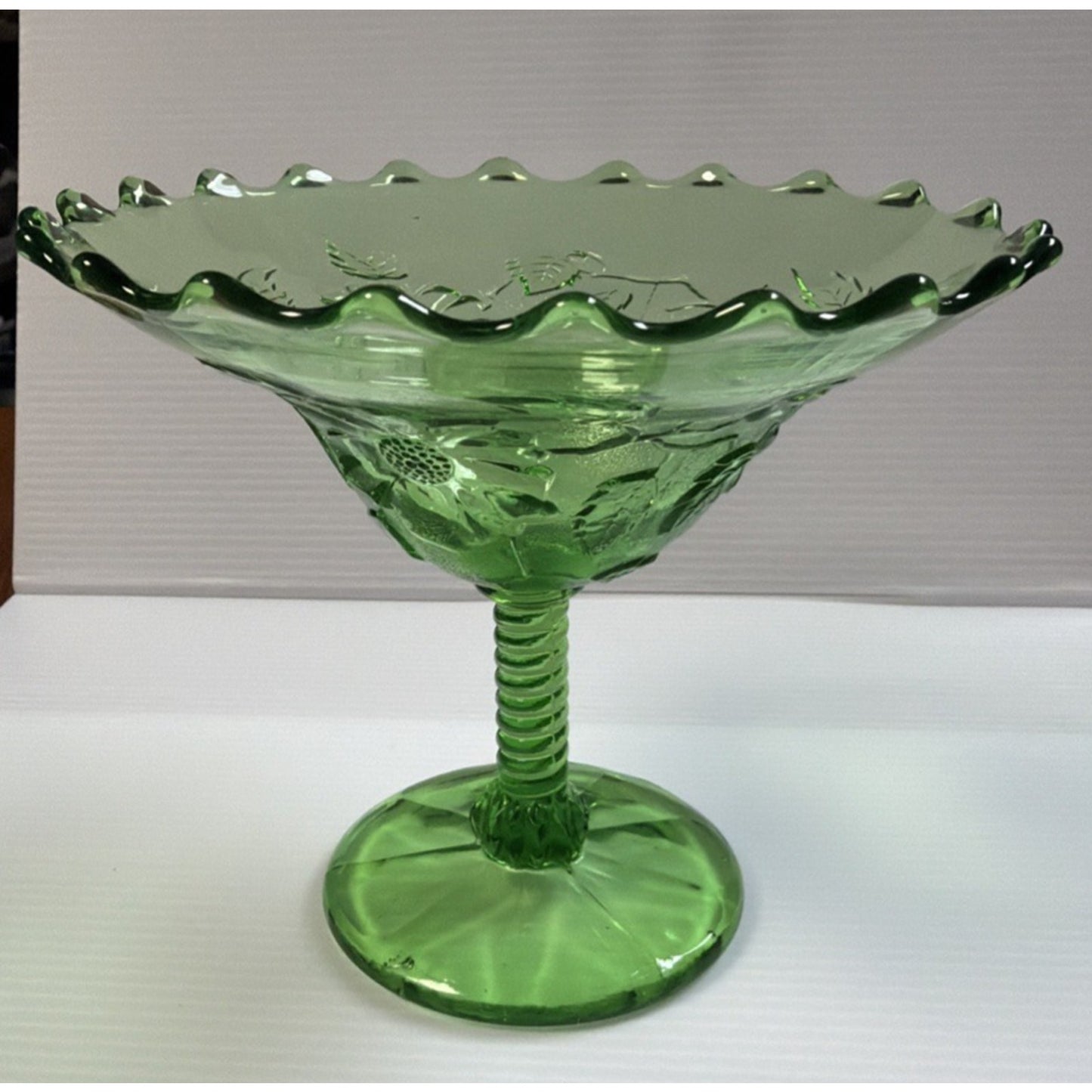 Old Northwood Glass Wild Flower Green Footed Compote Candy Dish