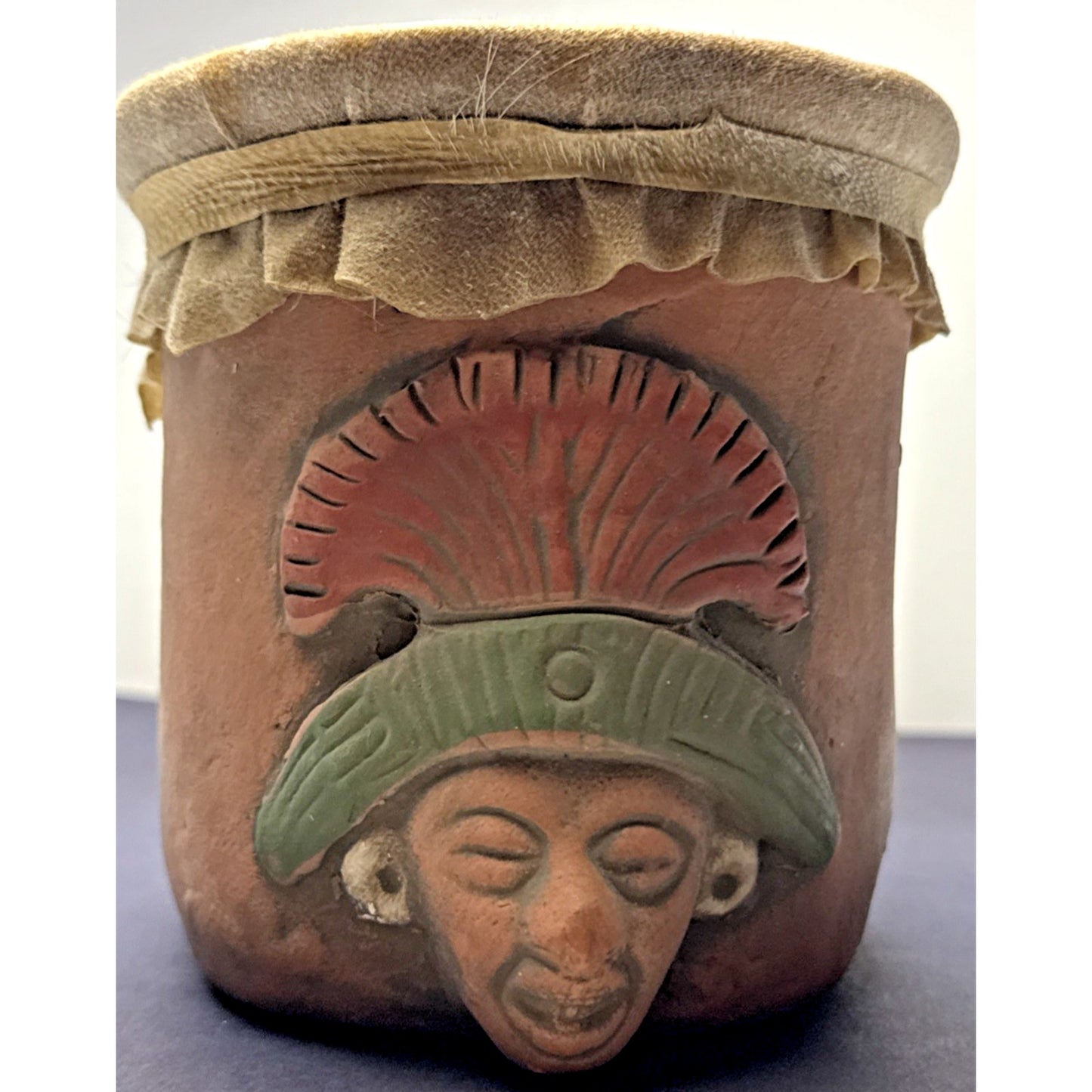 Vintage Mayan Aztec Folk Art Terracotta Clay Water Drum Figural Hide