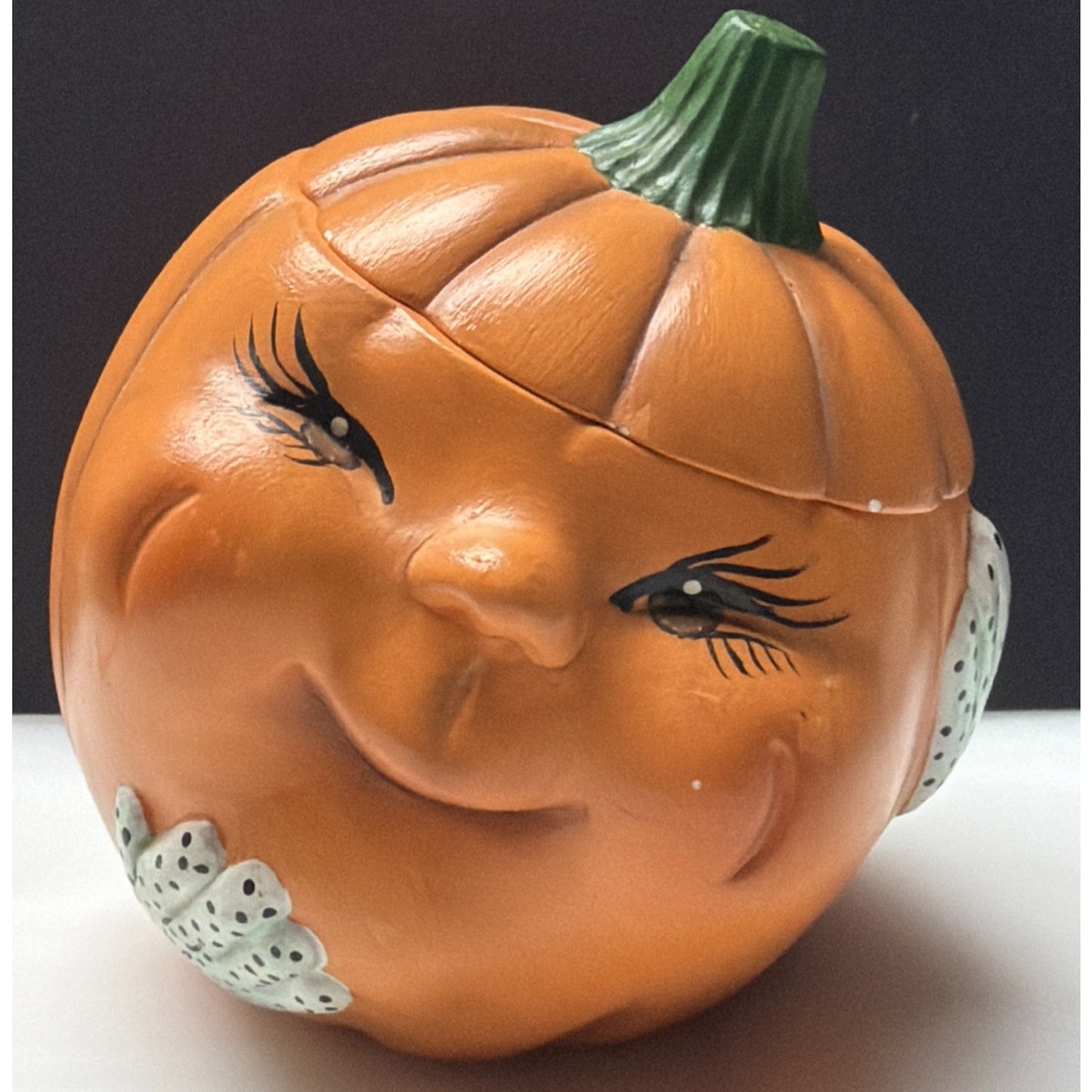 Vintage Anthropomorphic Pumpkin Face Ceramic Figurine Hand Painted Jar As Is