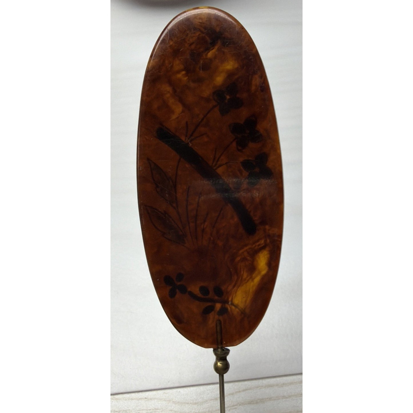 Art Deco Tortoise Shell Hair Pin Stick Pin Faux Hand Painted Enameled As Is