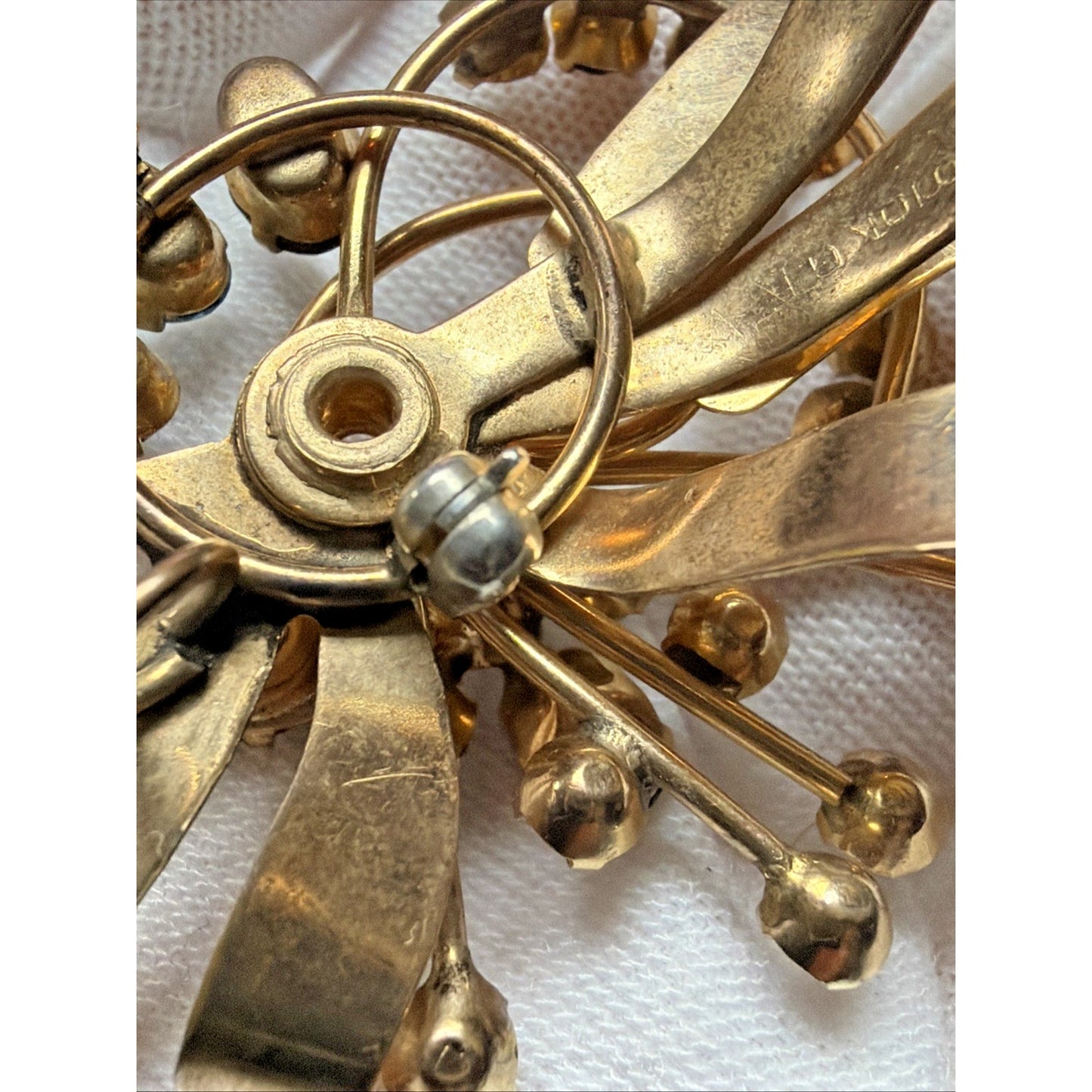 Vintage 1/20 10k Gold Filled Floral Spray Ribbon Pendant Brooch Aqua Rhinestone