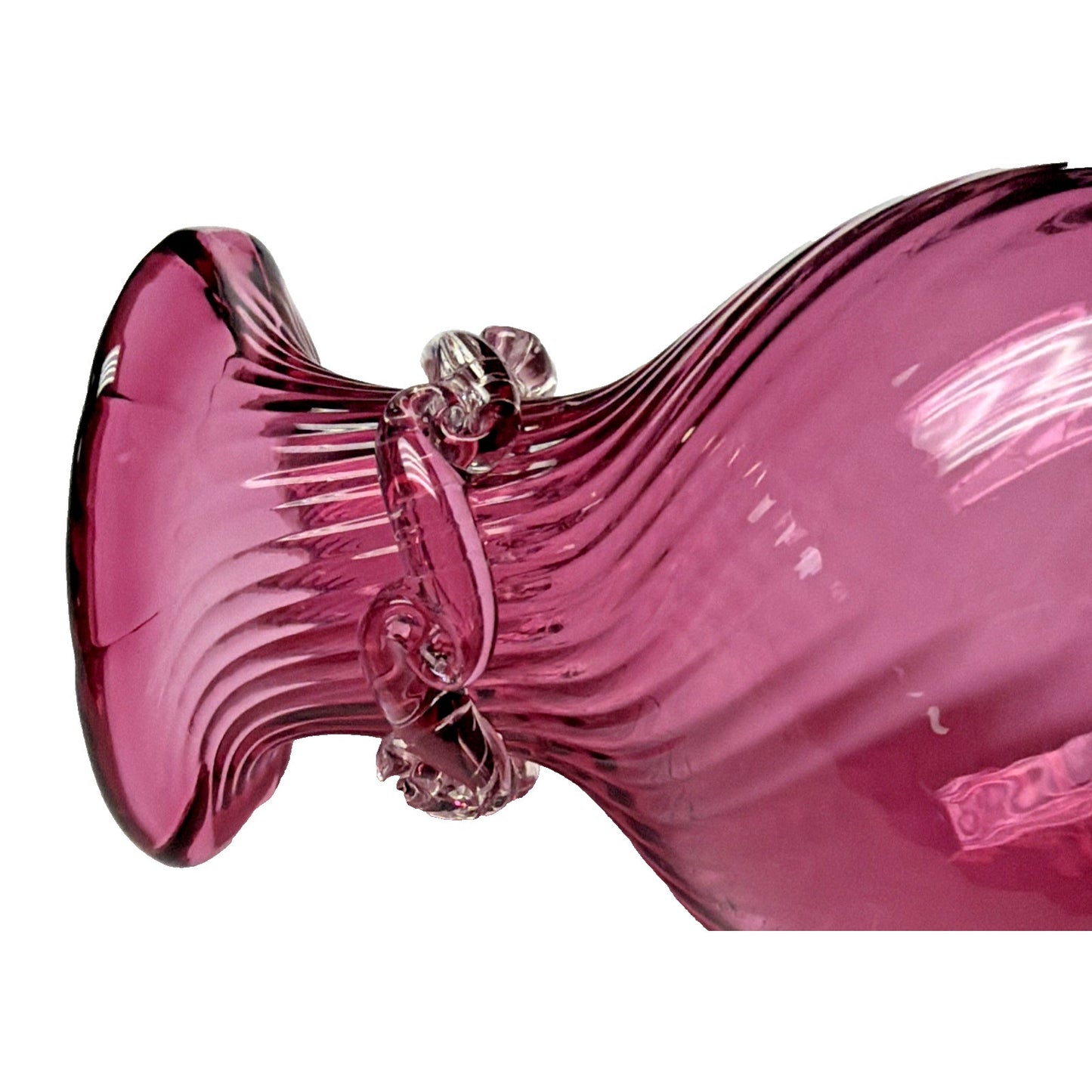 Vintage Pilgrim Art Glass Cranberry Optic Swirl Vase Ruffle Top Clear Filigree