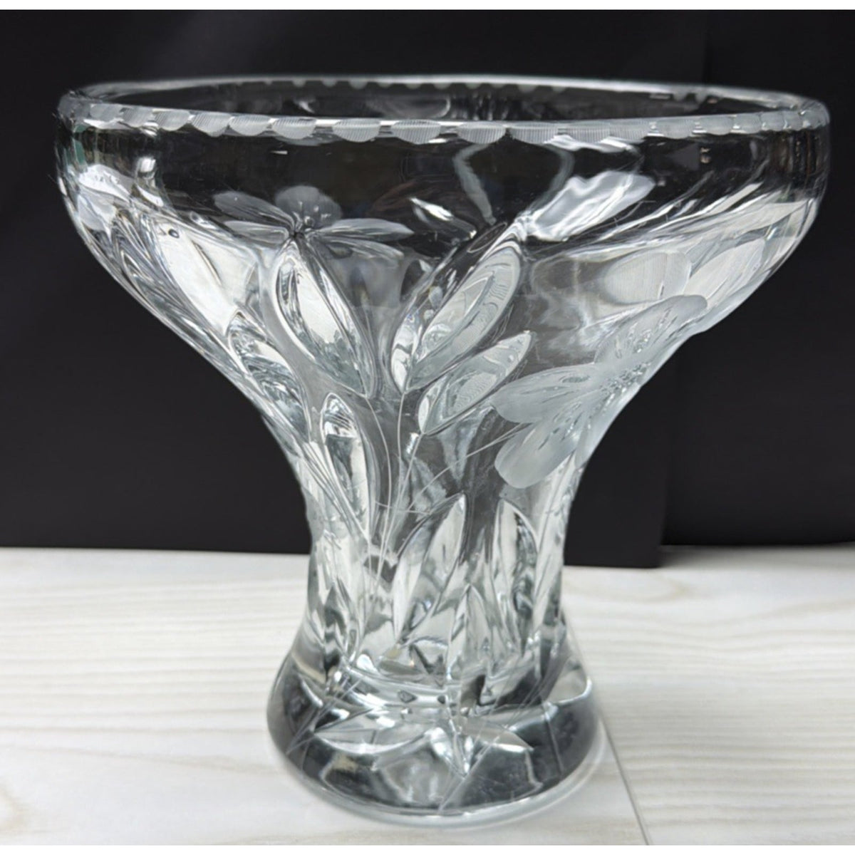 ABP Pairpoint Glass Cut Crystal Murillo Butterfly Daisy Vase Corset Trumpet Flar