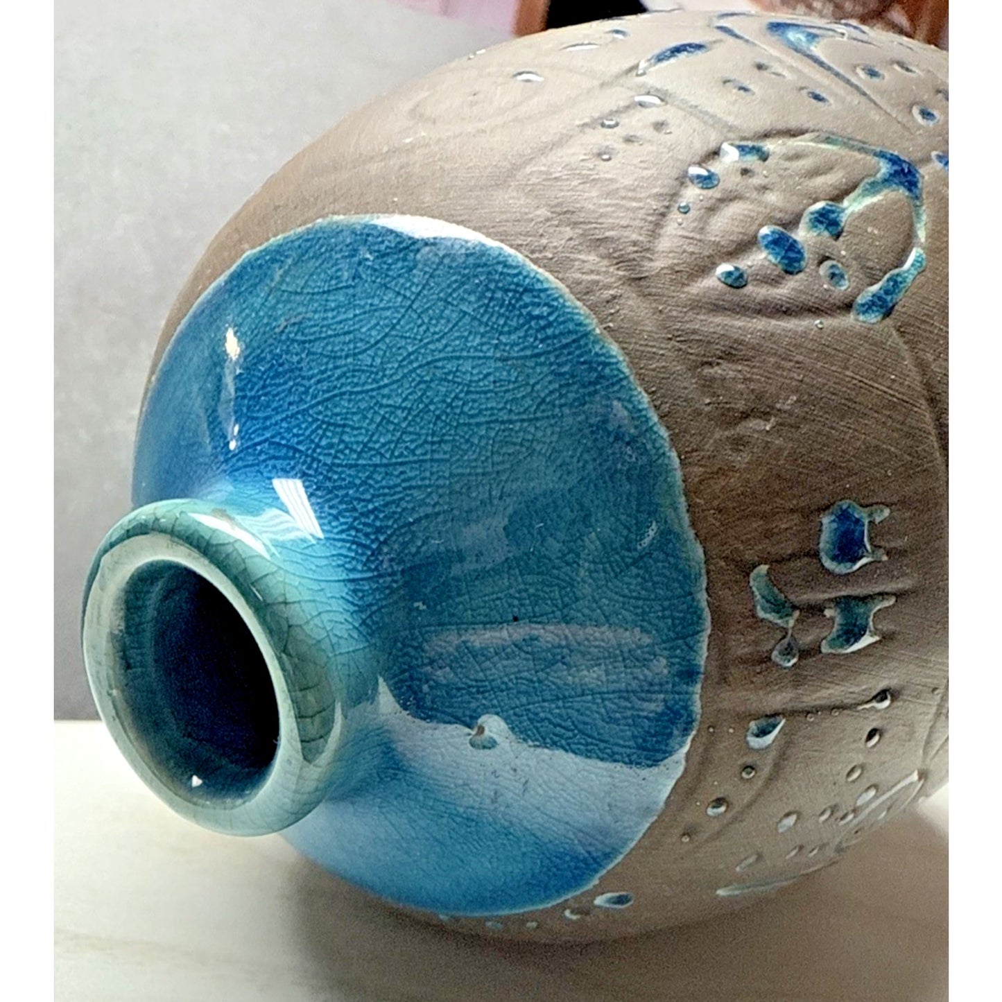 Contemporary Ashluxe Handmade Ceramic Table Vase Script Blue Brown Crackle As Is