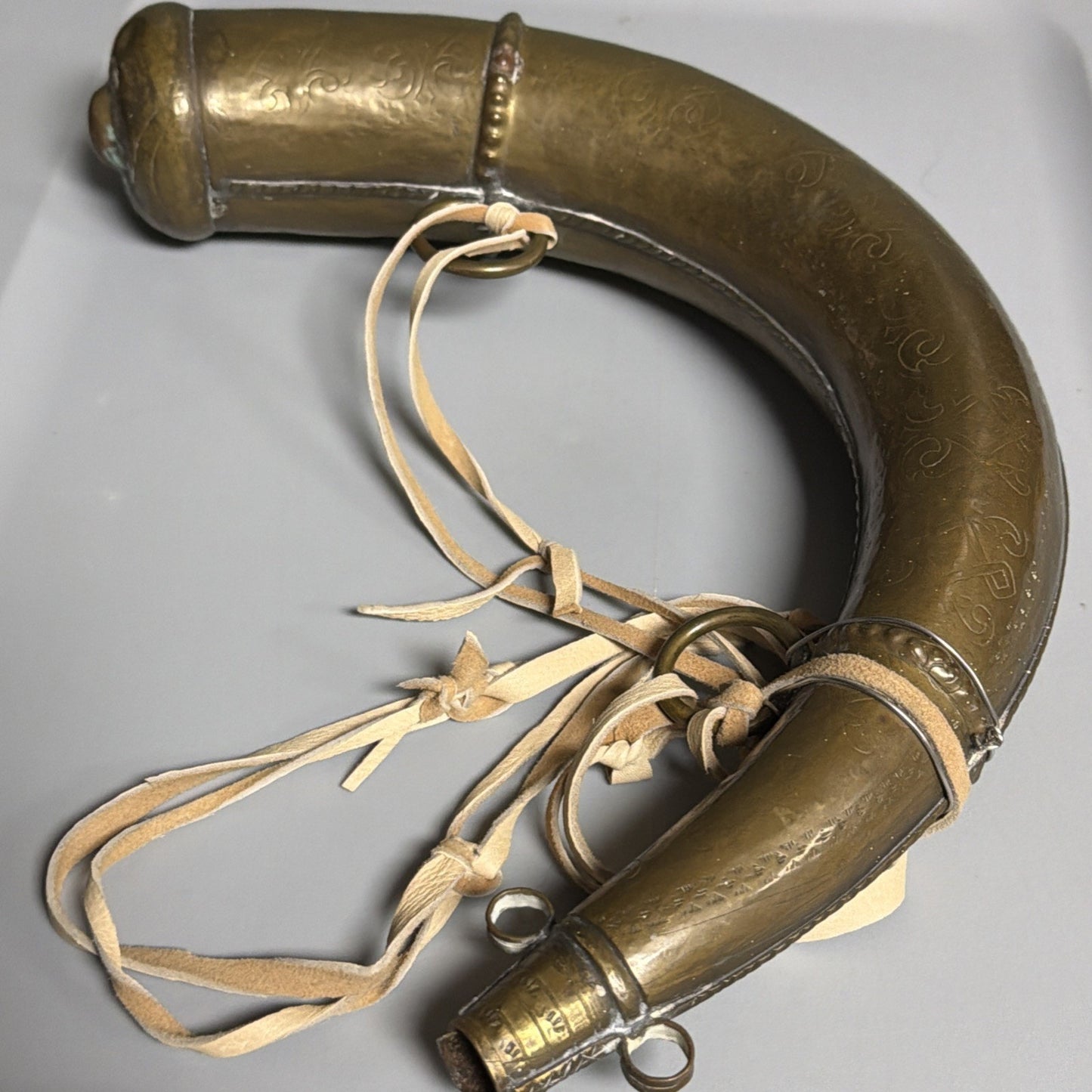 Antique Moroccan Brass Steel Black Powder Horn Flask Shot Strap As Is