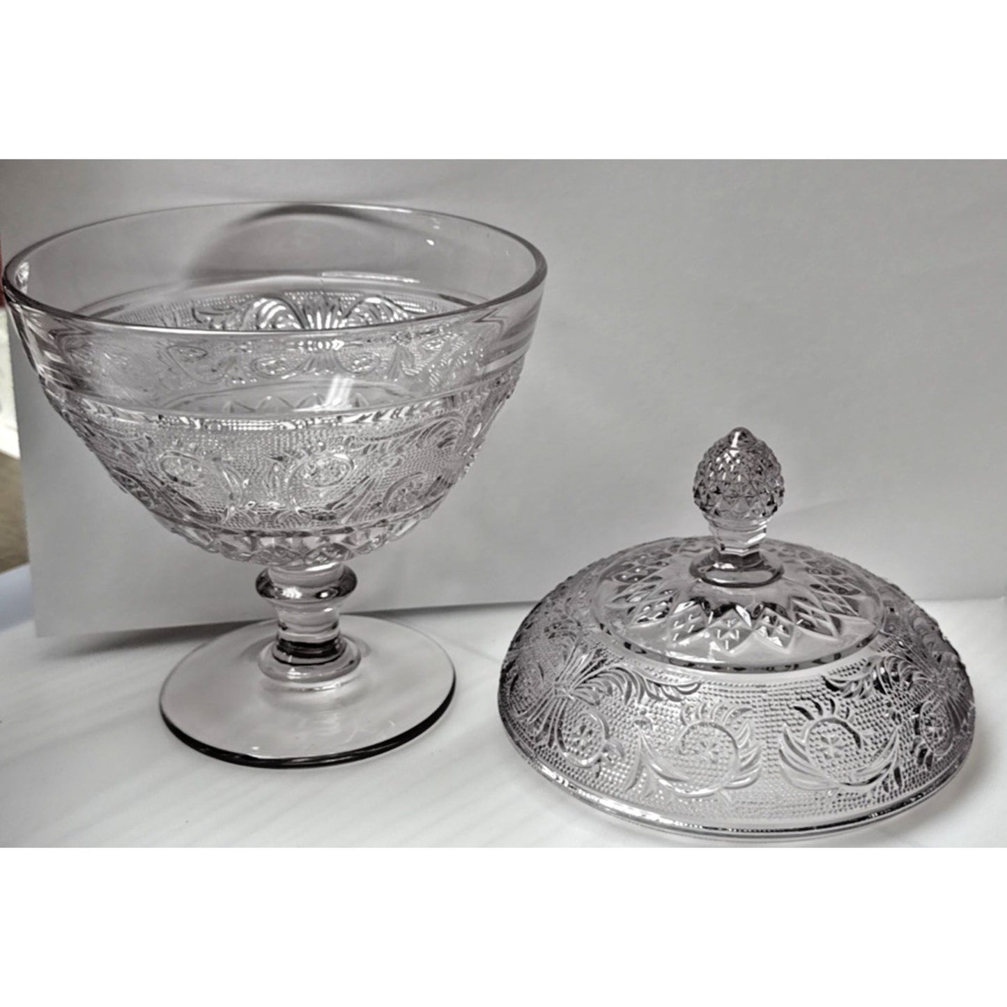 Duncan Miller Sandwich Glass Pale Lavender Lilac Covered Candy Dish Pedestal