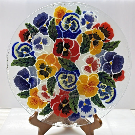 Vintage Peggy Karr Fused Art Glass Plate Platter Floral Pansy 11" Signed