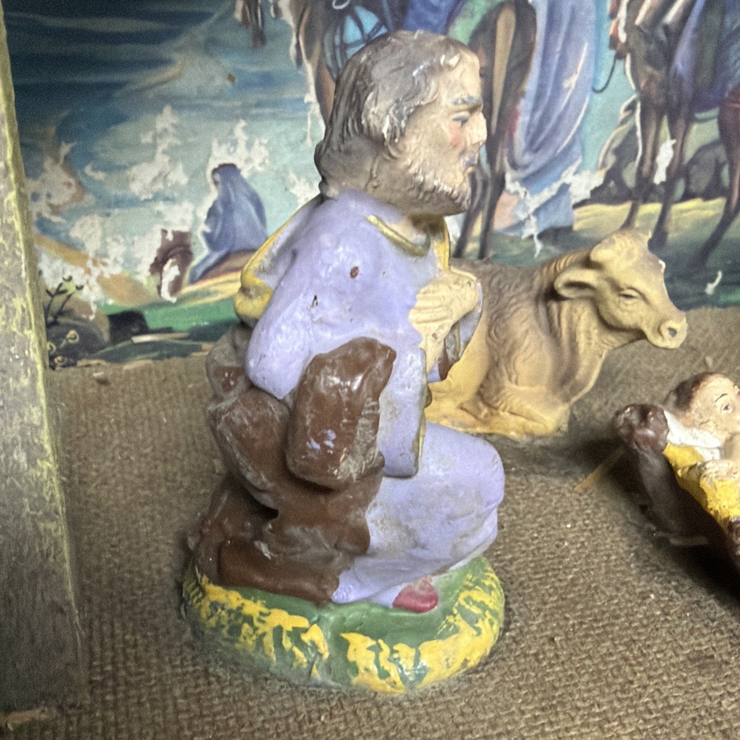 Vintage Stable Nativity Wooden Creche Italy 6 Pc Hand Painted As Is