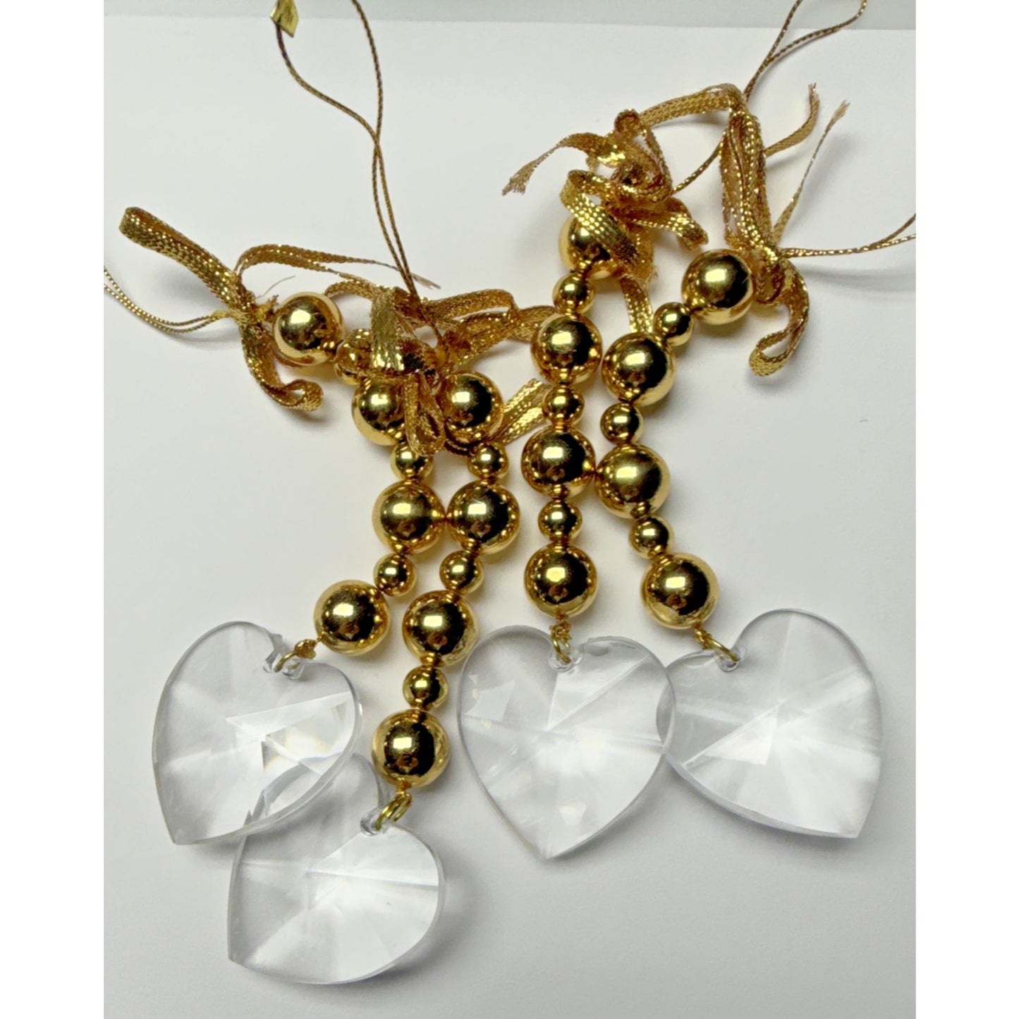 Vtg Lot of 4 Heart Plastic Acrylic Faceted Ornaments Gold Bead Suncatcher As Is