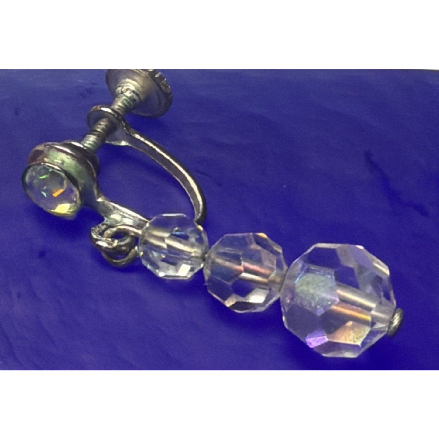 Vintage Clear Aurora Borealis AB Crystal Bead Dangle Screw Back Earrings