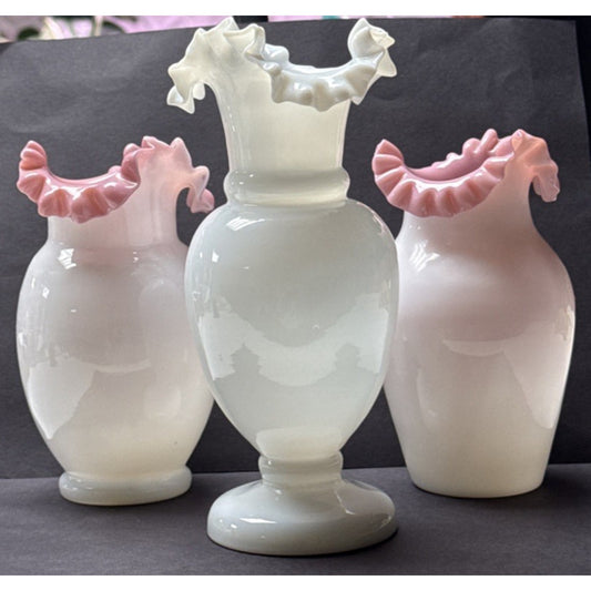 Victorian Lot of 3 Peachblow Glass Crimped Rim Pink White Vases As-Is