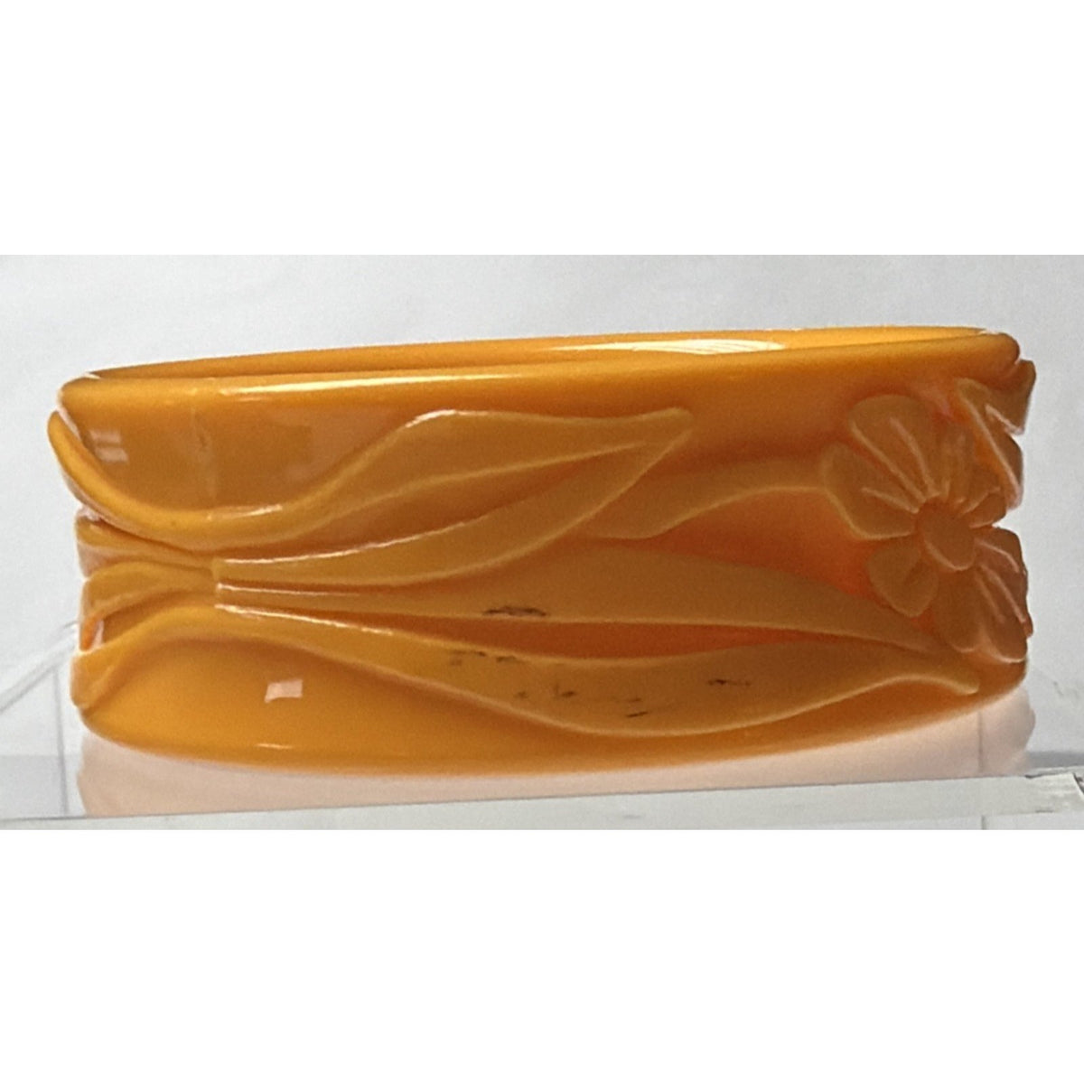 Vintage Molded Deeply Carved Plastic Floral Bangle Bracelet Taiwan Orange