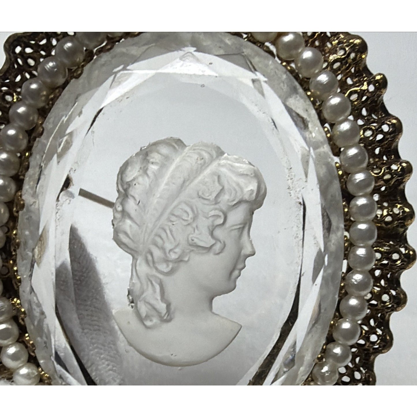 West Germany Intaglio Victorian Cameo Faceted Brooch Filigree Mini Faux Pearls