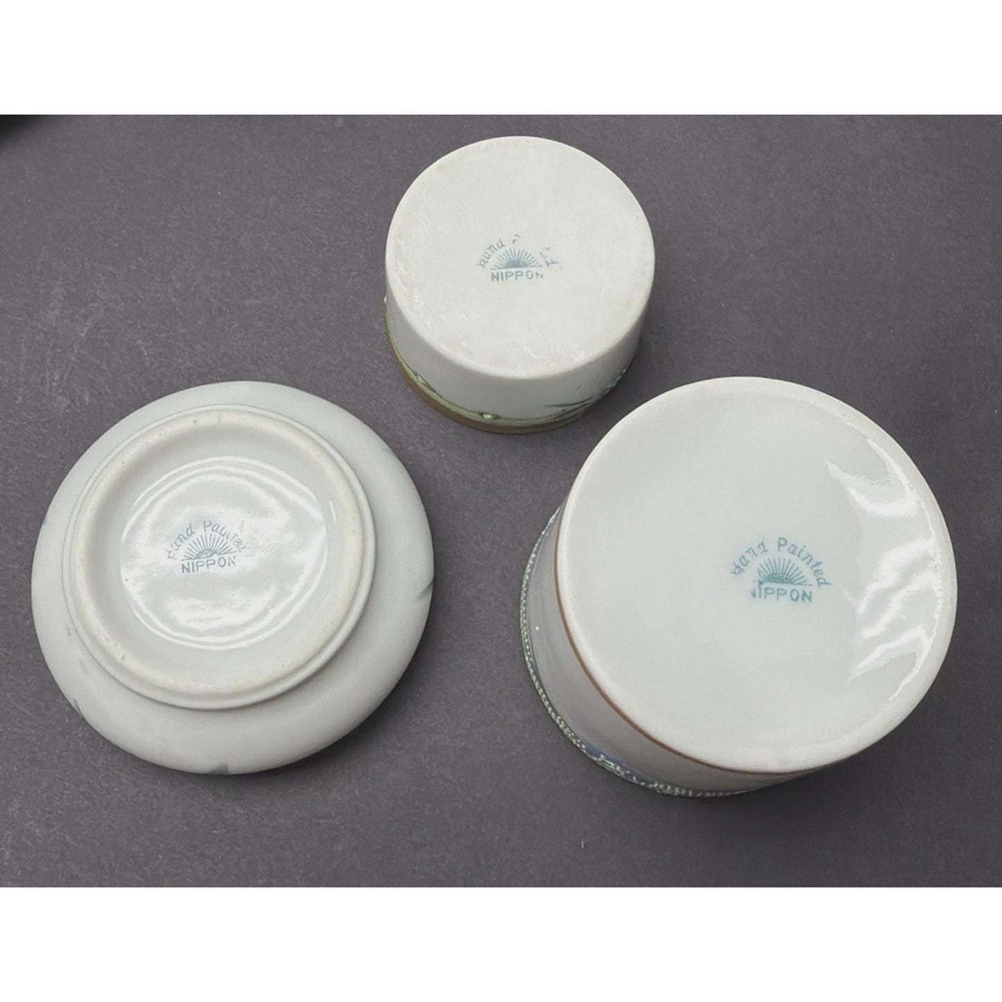 Antique Lot of 3 Hand Painted Nippon Moriage Floral Covered Trinket Vanity Jars