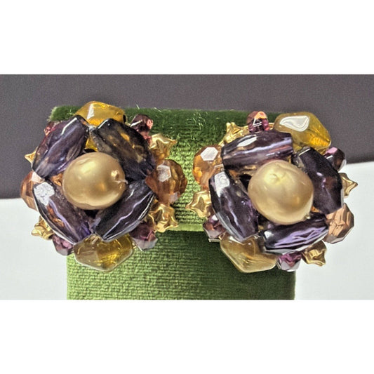 Vtg LC Liz Claiborne Omega Clip On Earrings Faux Pearl Multi Beaded Purple Gold