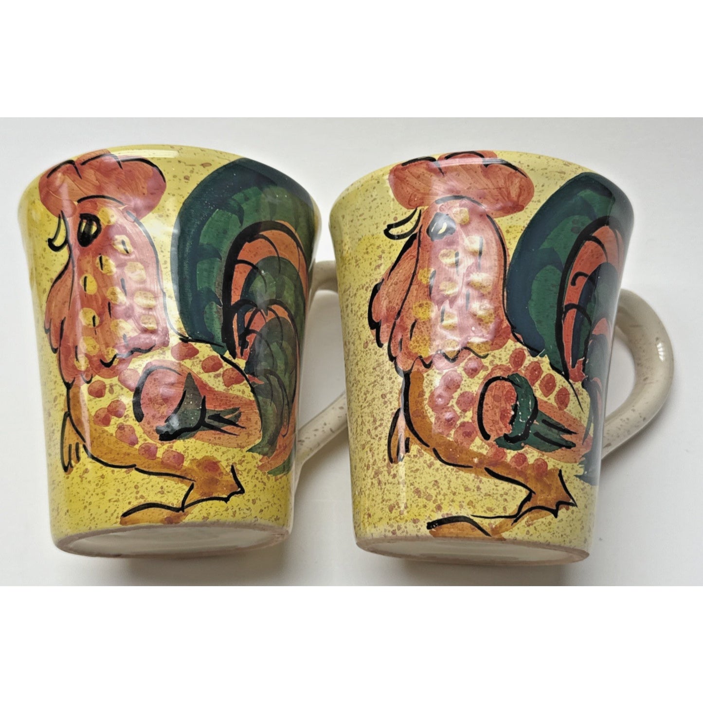 Vintage Lot of 2 Sara Hand Painted Rooster Mugs Italy Folk Art Farmhouse