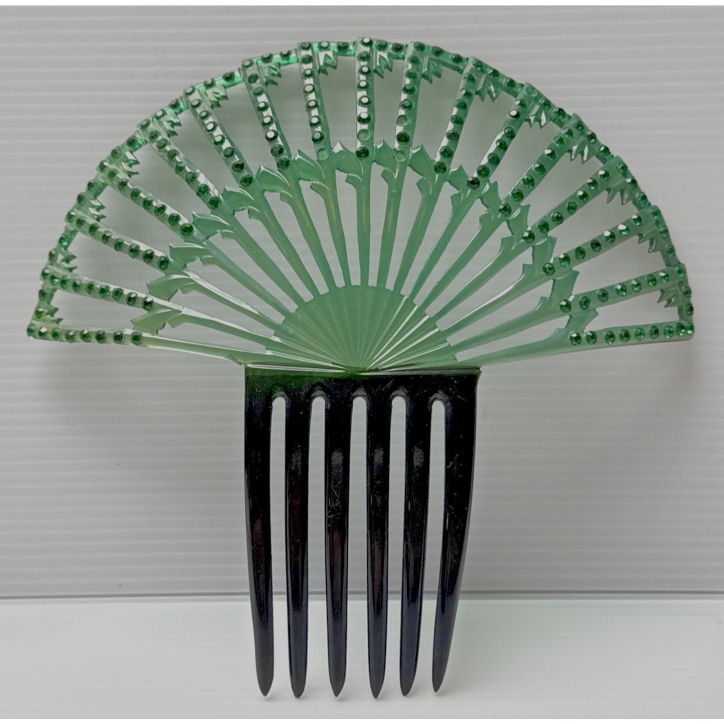 Art Deco Large Fan Shape Hair Comb Green Black Celluloid Rhinestone As-Is