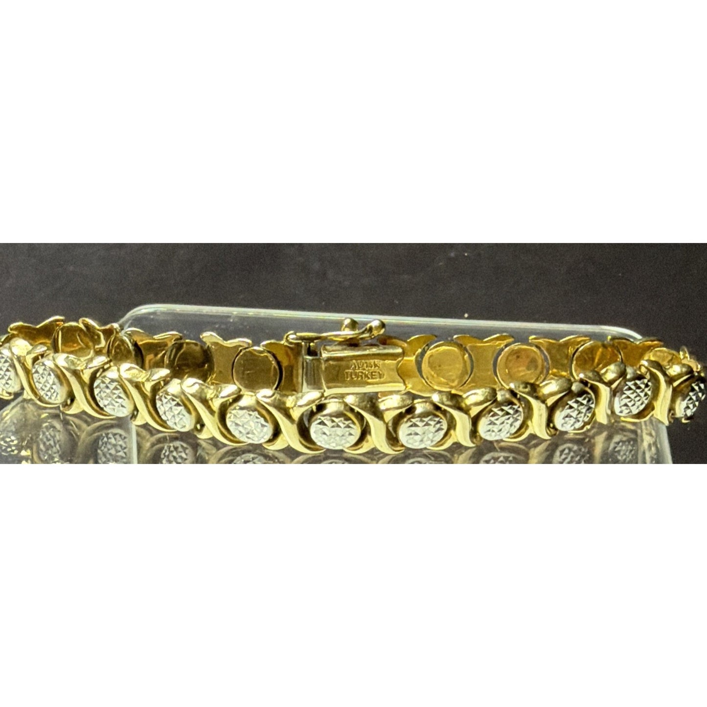 14k Yellow White Gold Diamond Cut XO Link Bracelet Stampato Turkey 9.92 grams