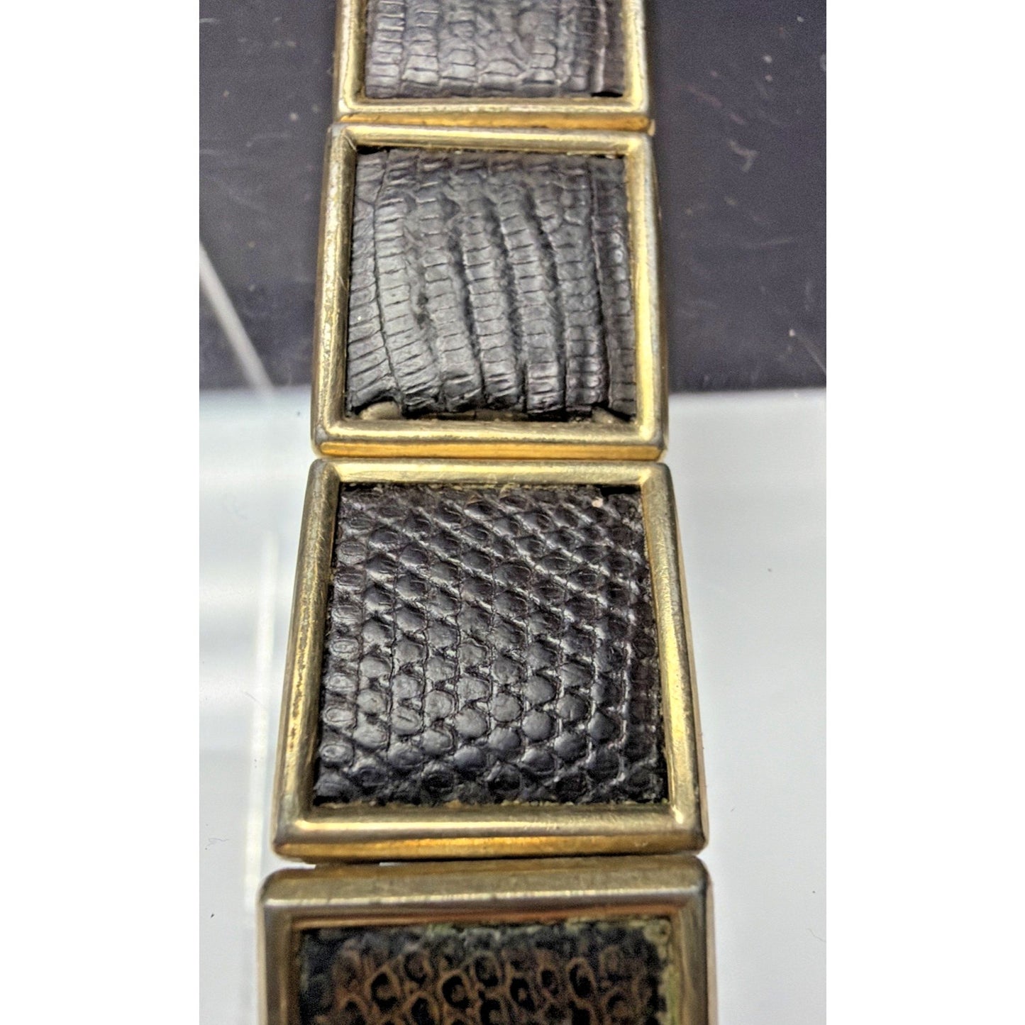 Vtg Speidel Yellow Gold Filled Watch Band Dark Brown Lizard Leather Curved As Is
