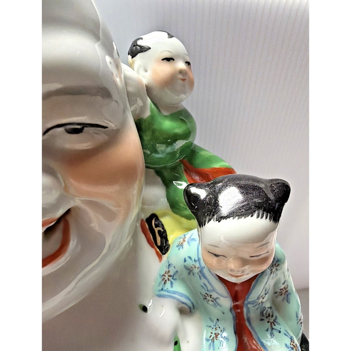 Chinese Famille Rose Jaune Laugh Buddha Fertility Painted 5 Children 12" Stamped