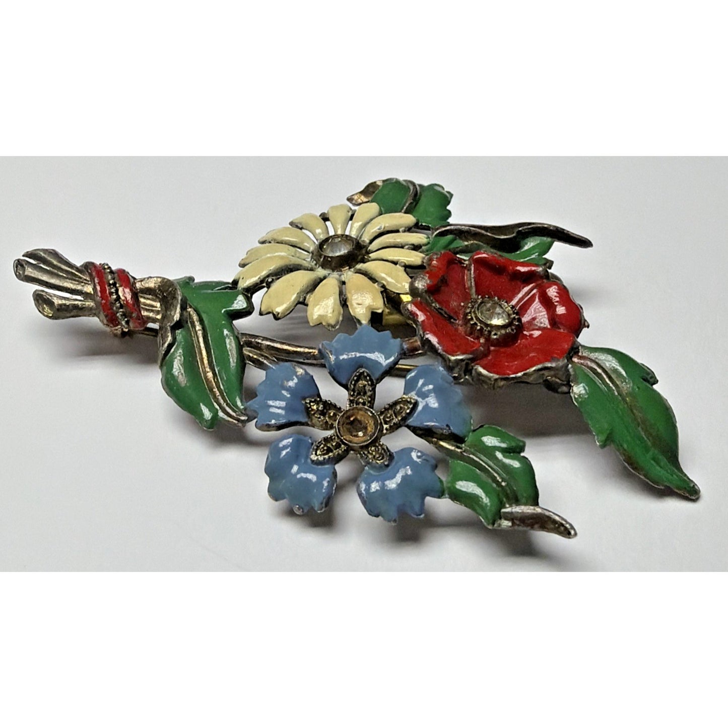 Art Deco Enamel Flower Brooch Bouquet Brass Vial Rhinestone Pot Metal As Is