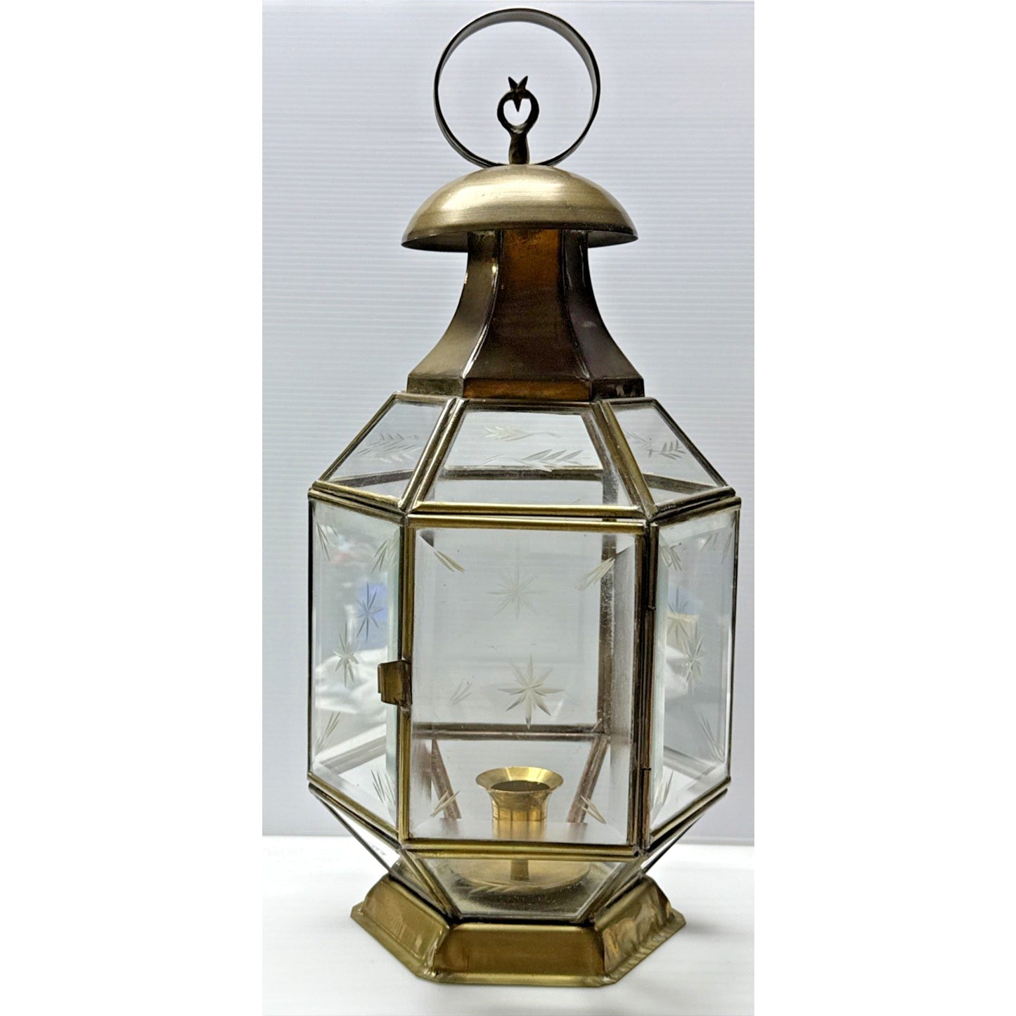 Vintage Yuksel Lambalari Turkish Shepard Brass Candle Lantern Lamp Etched Glass