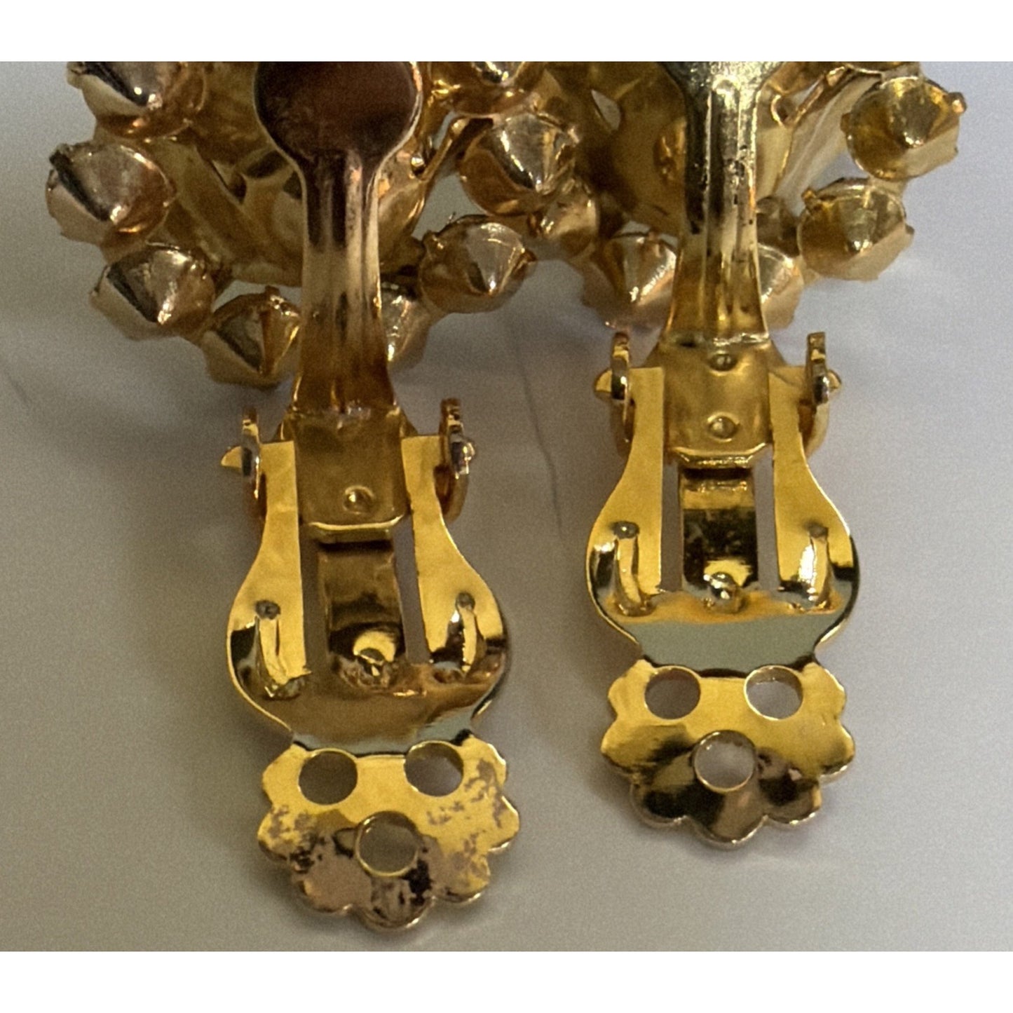 Vintage Rose Rosette Gold Tone Flower Clip On Earrings Black Clear Rhinestones