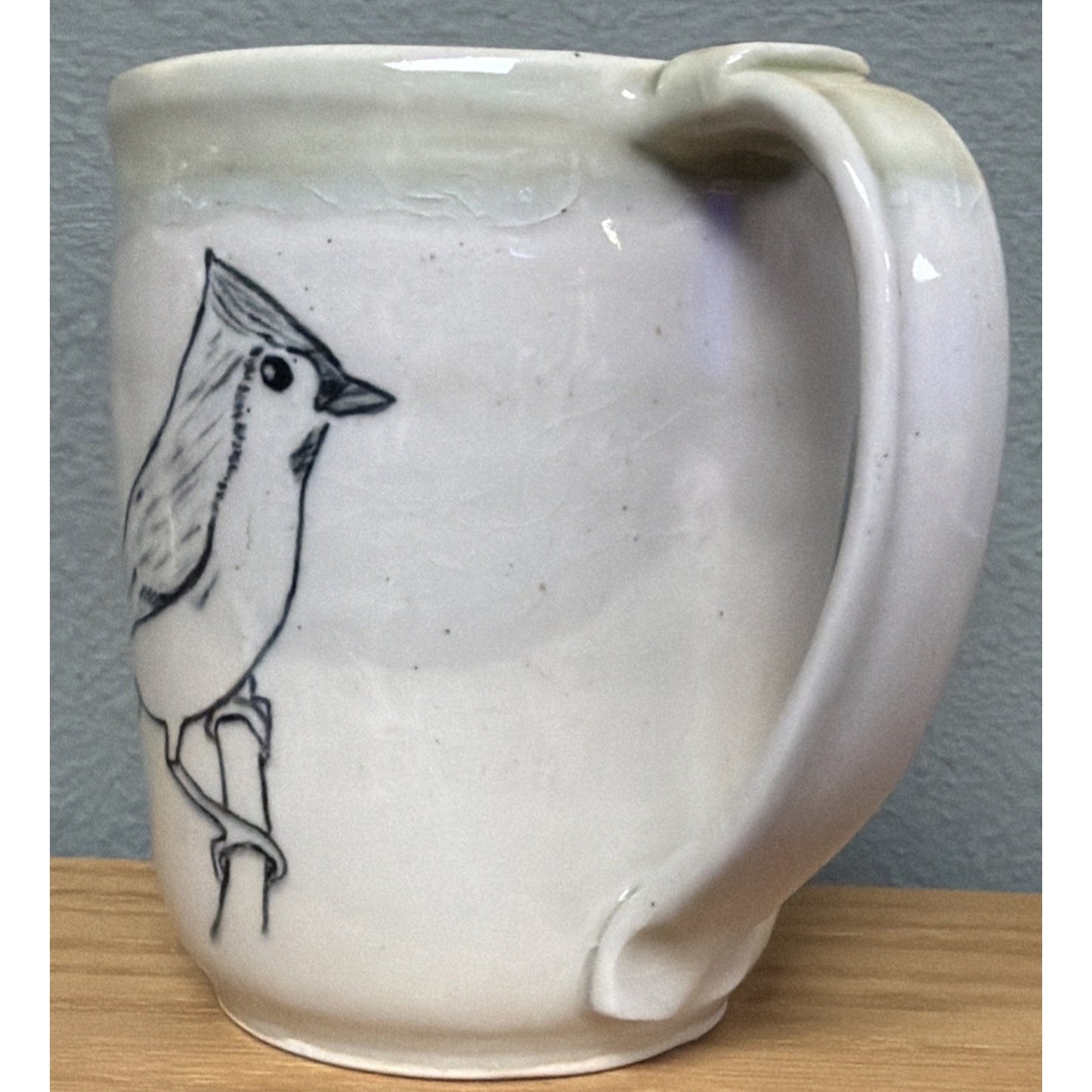 Vtg Studio Art Pottery Mug Drawn Tufted Titmouse Bird Glazed Stoneware Signed