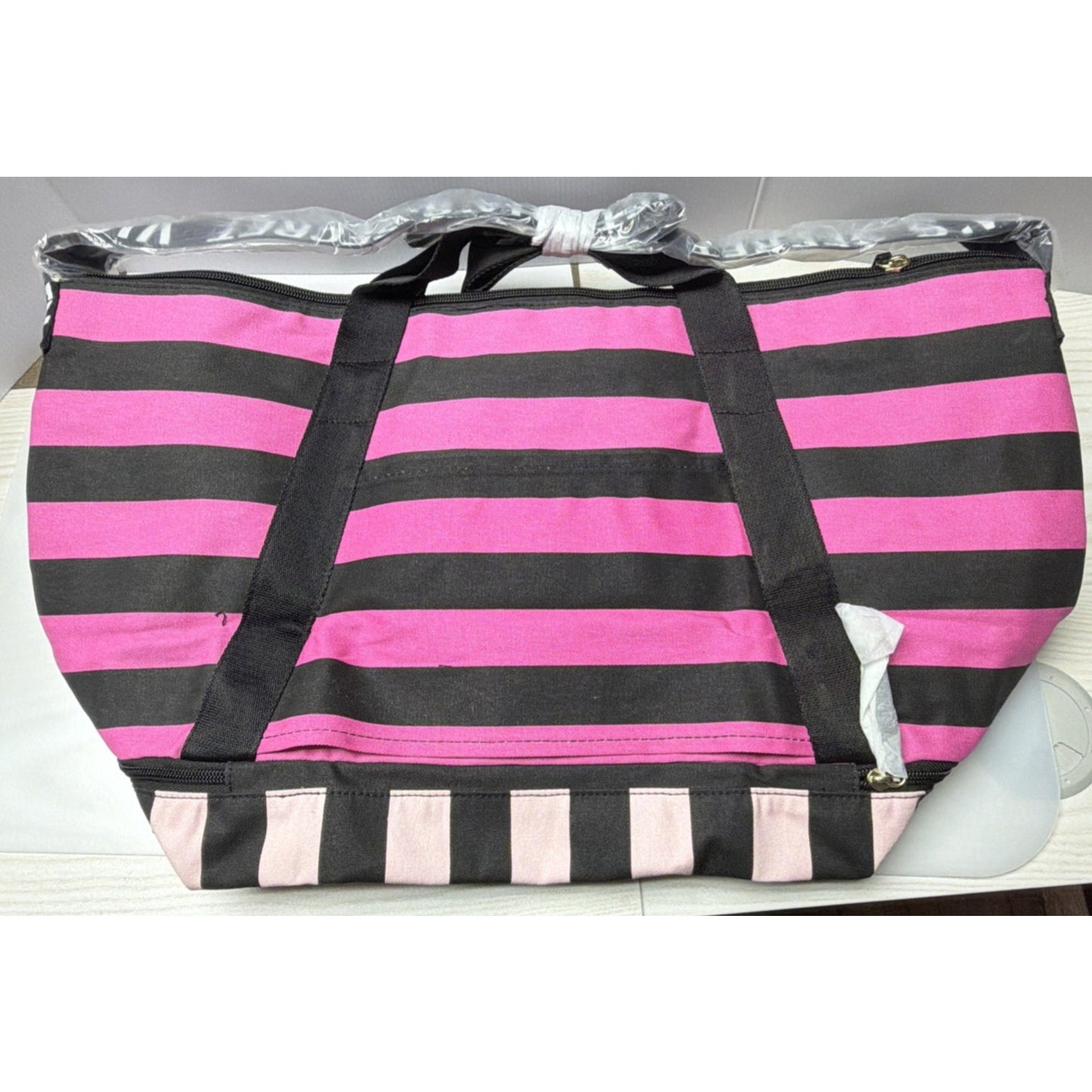 Victoria’s Secret Iconic Canvas Pink Black Striped Weekender Bag Tote Exandable