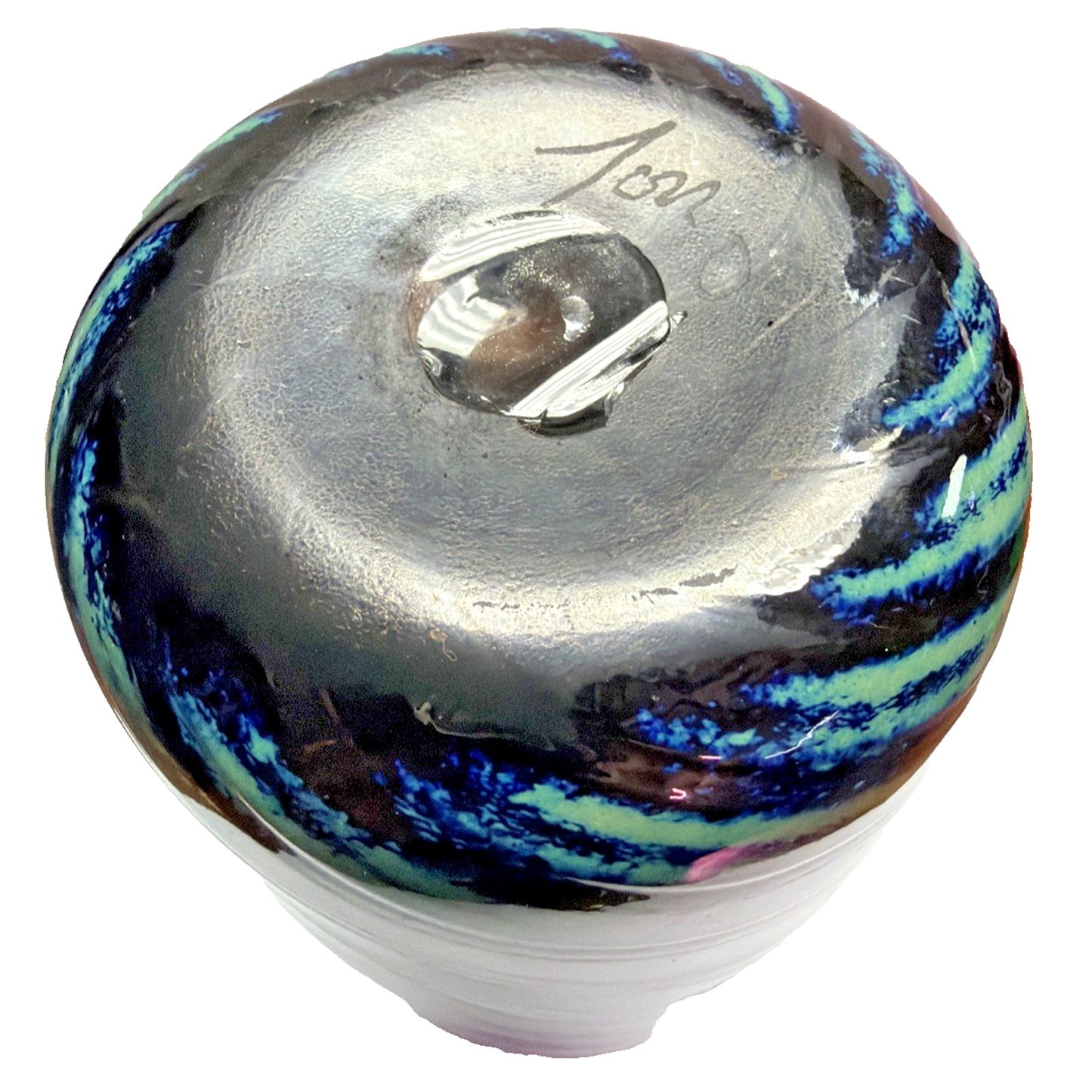 Jon Bush Iridescent Art Glass Vase Black Green Spiral Abstract Red Lip Signed