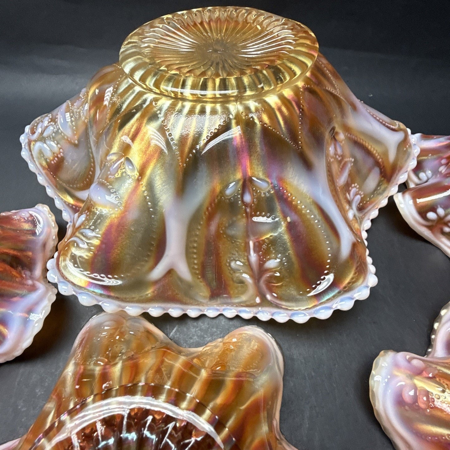 Lot of 7 Dugan Glass Peach Opal Carnival Ray Jewel Heart Master Berry Bowl As-Is